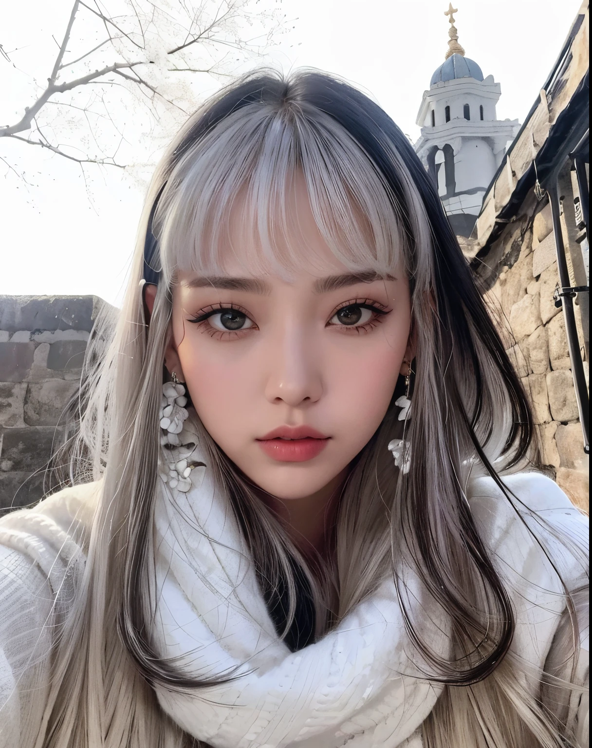 A closeup of a woman with long hair wearing a white sweater, franja branca, cabelo whitebangs cabelo, branco hime corte penteado, menina cabelo prateado, longos cabelos brancos e franja, Ulzzang, menina coreana, menina do cabelo prateado, Menina anime na vida real, com cabelos longos brancos, Lalisa Manobal, cabelo preto e franja branca
