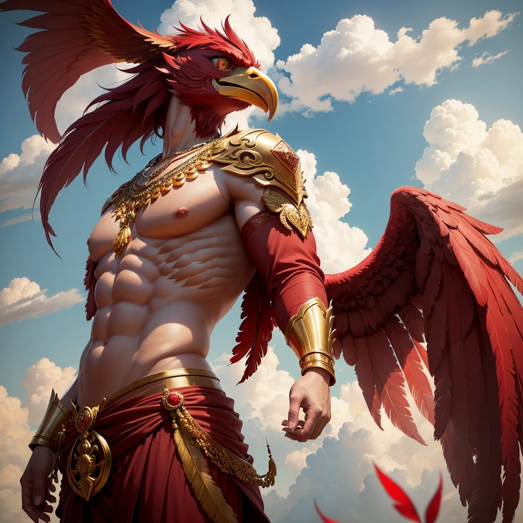 Garuda, Anthropology, has the head of a male anthropomorphic bird. 1 Garuda, the head of which is a bird. The head and appearance are that of a bird. Has a bird's head, red feathers, red eye details, muscular body, best anatomy, red skin, red feathers on the body. Big red wings spread out. Perfect wingspan Wear jewelry made from gold with Thai designs. Gold jewelry adorned with diamonds sits on the head of a red bird. Wear a gold chain on the left and right on the chest. Wear bright red pants, Thai silk with a Thai pattern and a gold waistband. Beautiful red cloth, ancient Thai cloth, holding a sword, hands and legs having the appearance of a complete bird. perfect hands, legs, feet Standing on the grass, looking straight, standing fully, body with the most refined skin. red skin body Maximum feather detail. Red feather. Maximum eye detail. Red eye.
Maximum anatomical detail Details, cloth, accessories, Thai warrior armor, ultimate weapon Masterpiece quality Realistic photos The most realistic picture Maximum realism and detail The best light The best quality of light and shade World class photography studio Best close-up view The backdrop of a Thai temple castle is made of gold, onyx, emerald, and diamond. The most perfect The background is the sky, clouds, fog. Feeling natural and realistic