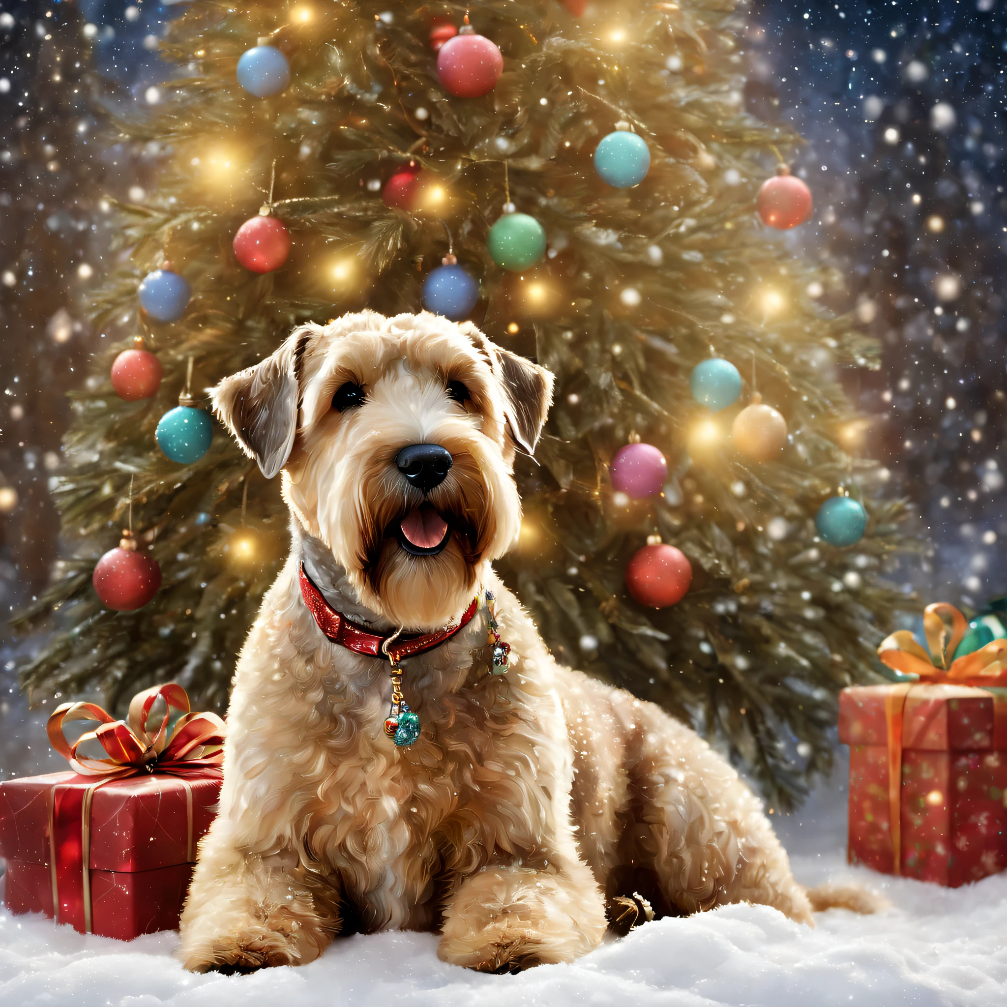 Christmas scene featuring wheaten terrier, The snow falls gently on its soft place, curly fur，Sitting next to a sparkling tree，The tree is decorated with bright things, Colorful ornaments, Holiday-wrapped gifts are scattered around the base, String lights give off a warm glow, illustratio, ultra - detailed, Holiday warm atmosphere, digitial painting.