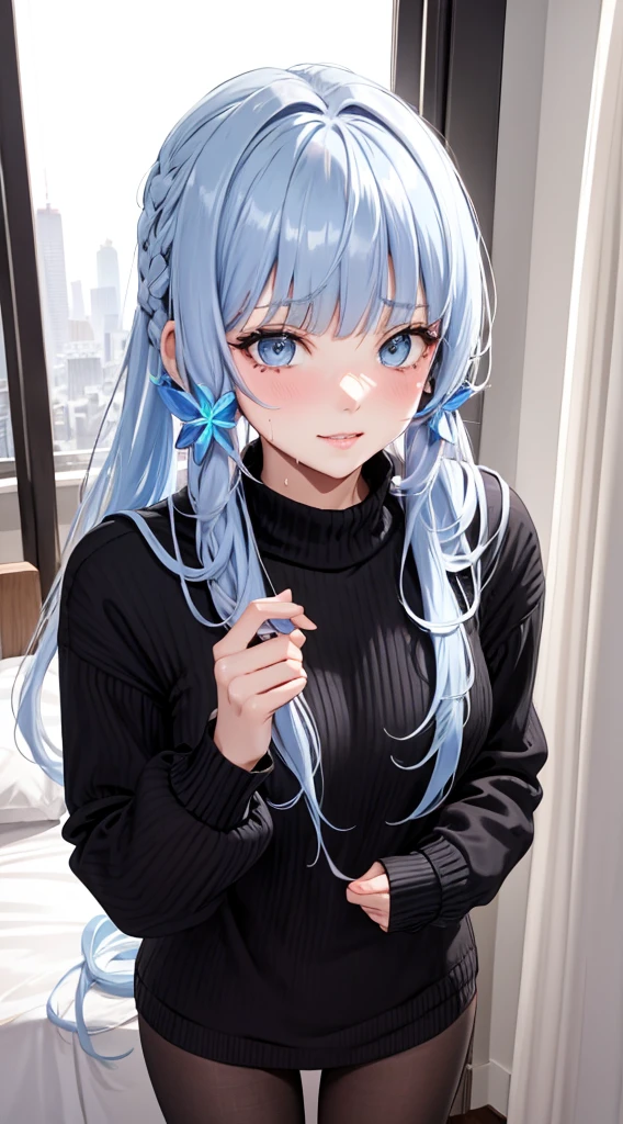 Character Details:, - Gender: 1 Girl.
- Style: Anime, - Body Type: Attractive body, slim body, nice legs, slim tights, nice arms, nice shoulders. - Breast: (Small Breast:1.1), (Cleavage), (Nipple).
- Facial Feature: Beautiful, Gorgeous, Teenager, Fresh, Young.
- Expression: Shy, Smile, Horny, Pink Blush on Face, Sexy Eyes, Sexy Look, (Sweating:1.4), Innocent Look, Tipsy. - Hairstyle: Blunt Bangs, Long Hair. - Hair Color: (Light Blue Hair:1.5).
- Clothing: (black Sweater:1.6). - Body Pose: (Selfie:1.1). - Behaviour: Waiting, Want Something, Secretly.
- Accessories: Earrings., Environmental Details:, - Setting: Bed Room., - Lighting: Natural Light., - Decoration: Modern Bed, Chair, Window, White Curtain, City View. Top view. pov, anime style, UHD, retina, masterpiece, accurate, anatomically correct, texture