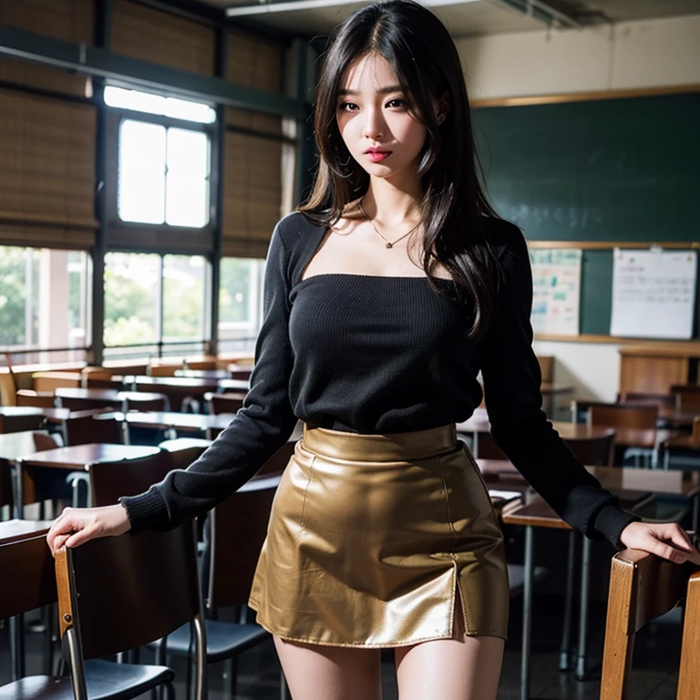 standing pretty girl、Thin leg、High heels on the ground、Inside the classroom、(​masterpiece:1.3)、(8K、Photorealsitic、Raw photography、top-quality:1.4)、(1girl in)、美丽的面容、(Lifelike face)、A dark-haired、length hair、length hair、length hair、Beautiful hairstyle、realisticeyes、Pretty detailed eyes、real looking skin、Beautiful skins、超A high resolution、A hyper-realistic、ighly detailed、the golden ratio、Cute Female Teacher、 Surreal、tight skirts、panthyhose、Black stocking girl body view、thin arm、length hair