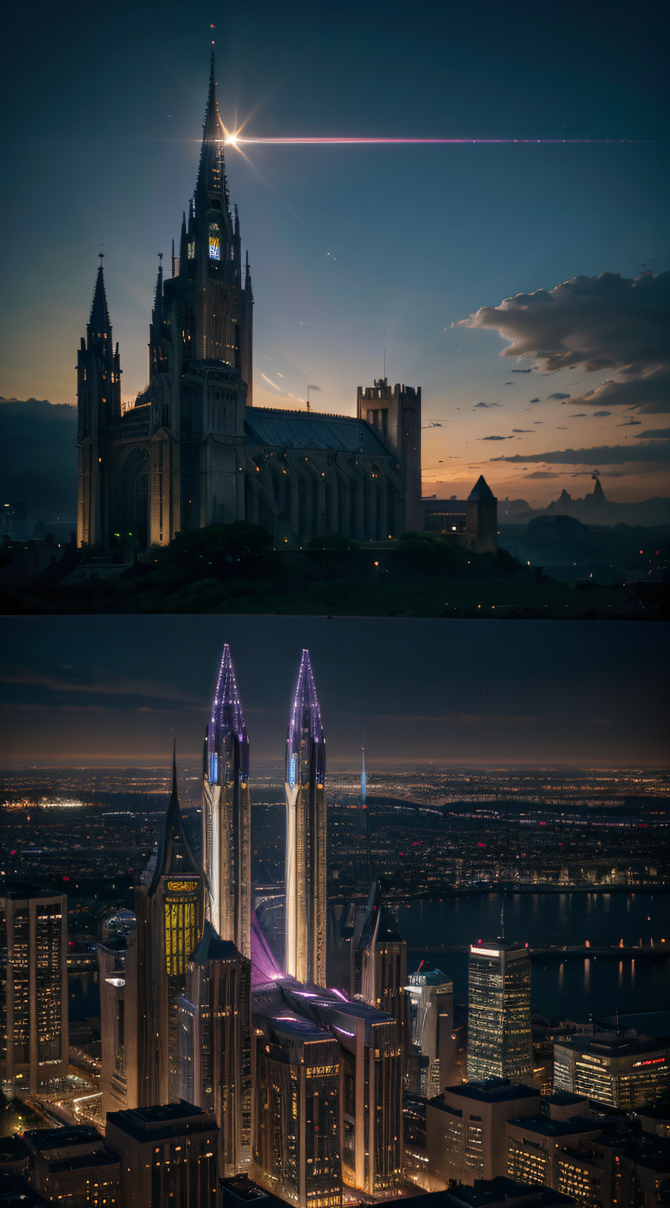 A medieval, futuristic city. (Best quality, 16k, Hdr, Masterpiece: 1.2) The premier plan for a chevalier in medieval costume is a futuristic outfit. background: la ville futuriste avec d&#39;imposing grtte-ciel derrière le cavalier. Troisième coup: les murs imposants d&#39;A vast medieval château surplombent the paysage on a verdoyante hill. Monde utopique. The city presents a fusion of future technology and d&#39;Medieval architecture, mélangeant l&#39;Esthétique cyberpunk with the motifs gothiques classiques. Les bâtiments sont ornés de sculptures complexes and de vitraux, refléchissant the lumière dans des couleurs vives. The paysage entourant la ville est parsemé de champions verdoyants et de ruines mystiques., vestiges d&#39;anciennes civilisations qui se fondent parfaitement avec la technologie de pointe du futur.Dans this fusion of medieval science fiction, The rencontre deux mondes crée un mélange harmonieux d&#39;histoire, fantaisie et innovation, offers a visual experience that is unique and captivating.