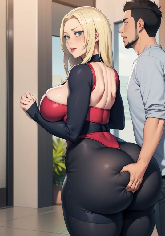 Senju Tsunade, ((Bimbo))), Long Blond Hair, cute face, Puffy lips, medium breasts, Painted lips, thick lips, wide hips, thick thighs, Huge ass, The face of guilt , blushing, nervous, cleavage, mature mom, at a party, tight outfit, leaving room, guy and girl hugging, guy is groping her ass, intimate embrace, guy is grabbing her ass, ass being squeezed, huge ass