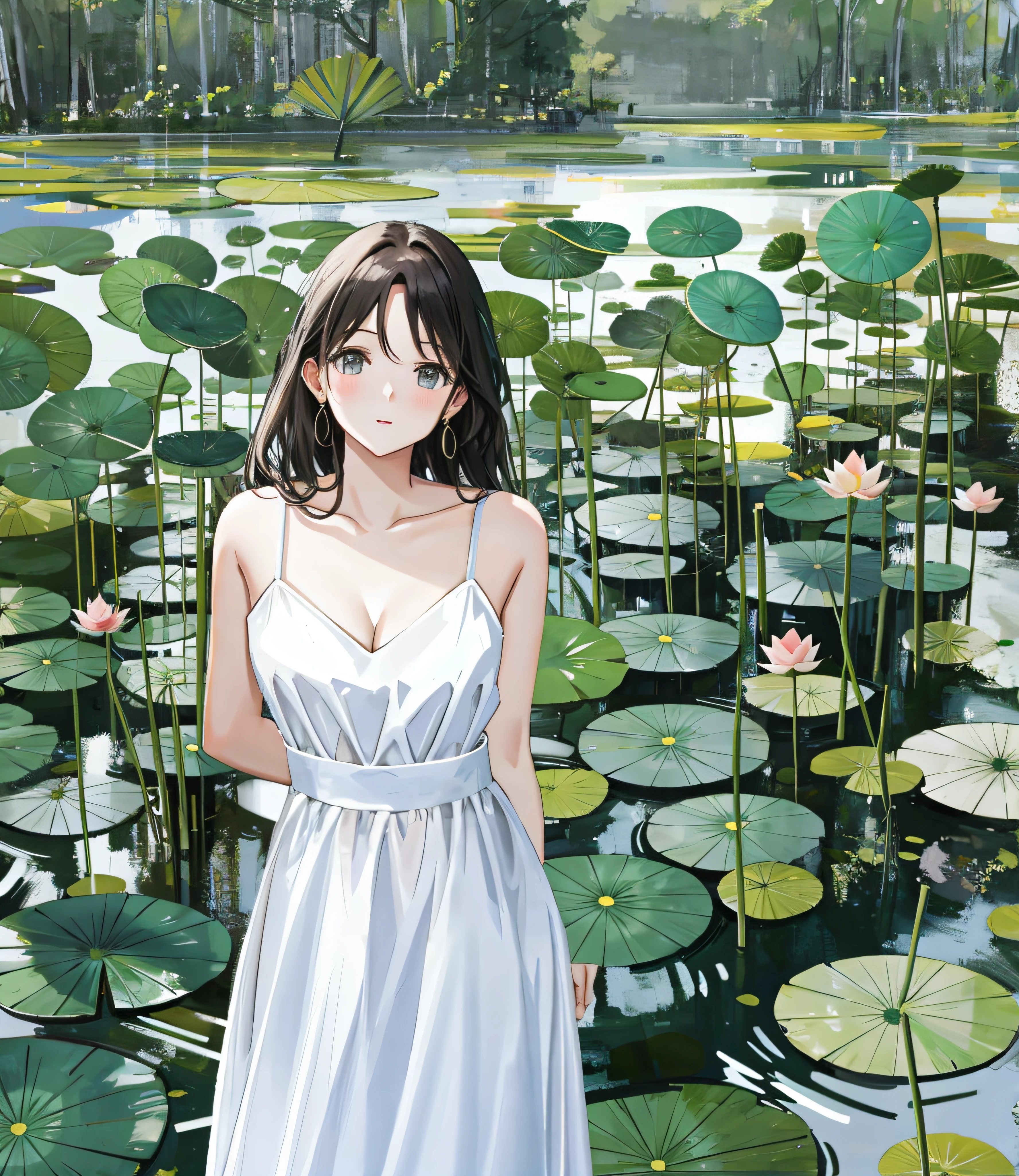 Girl in white dress standing in front of lotus pond,Adjust body proportions