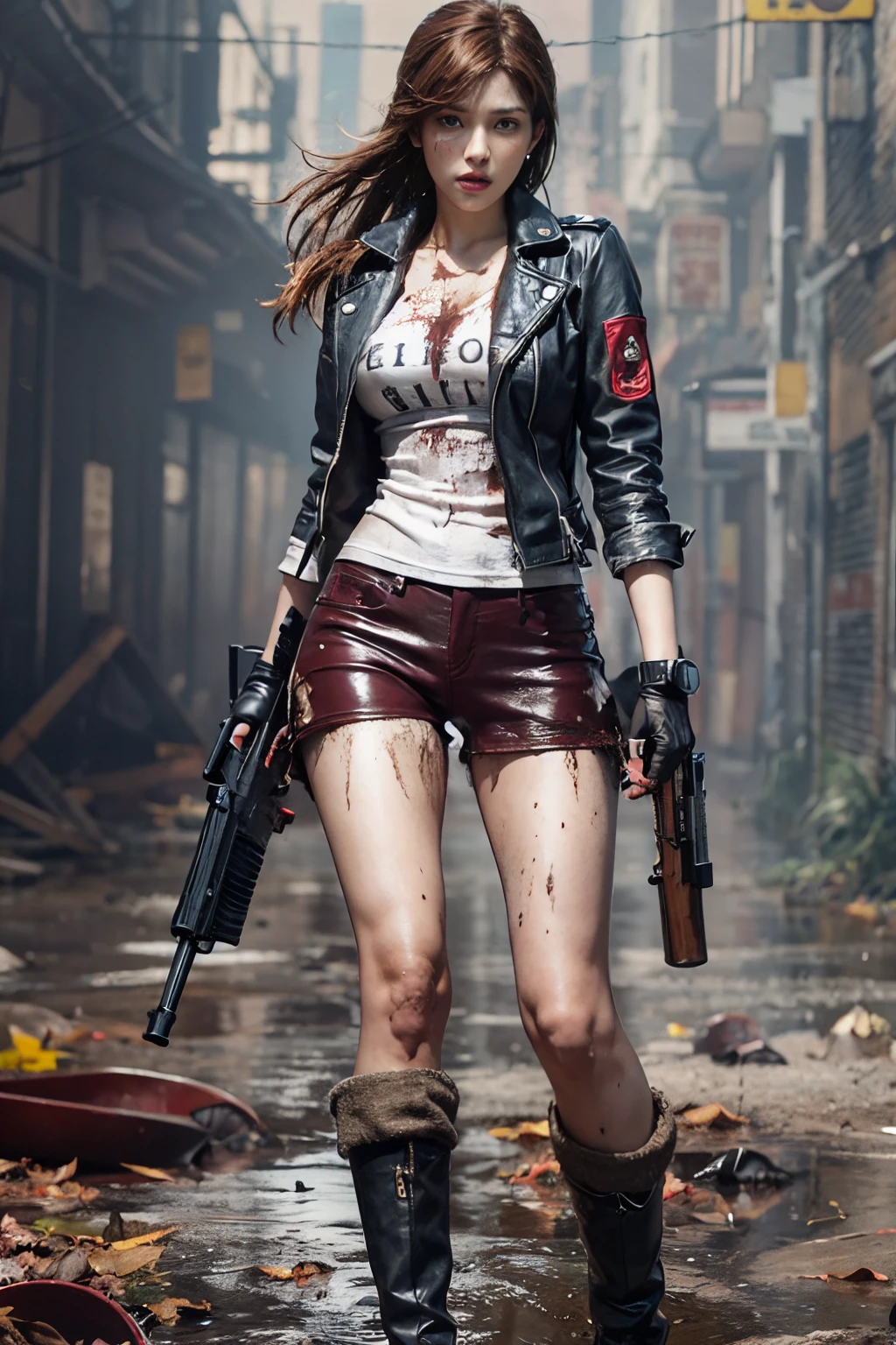 Resident evil, Beautiful Claire Redfield, Recreate the gun in detail、Elaborate face、Best Beauties、Standing with long legs open、beauty legs、Red tight pants、truck leather jacket、Holding a handgun、Lively shots、White T-shirt stained with sweat and mud、Tight-fitting shirt、in the dark ruins、Splashing sound after being shot、Fall、Fatally wounded))