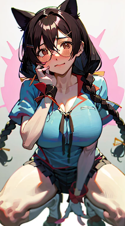 Stema Peace、hanekawa tsubasa、attack of glasses、A dark-haired、large boob、 (Black hair, Brown eyes, Round face),With ribbon, (nose blush, half opened eye),, [Full body shot]、eye glass、Head-to-toe shots、A dark-haired、Kunoichi&#39;My clothes are torn、Holding a dagger in each hand、