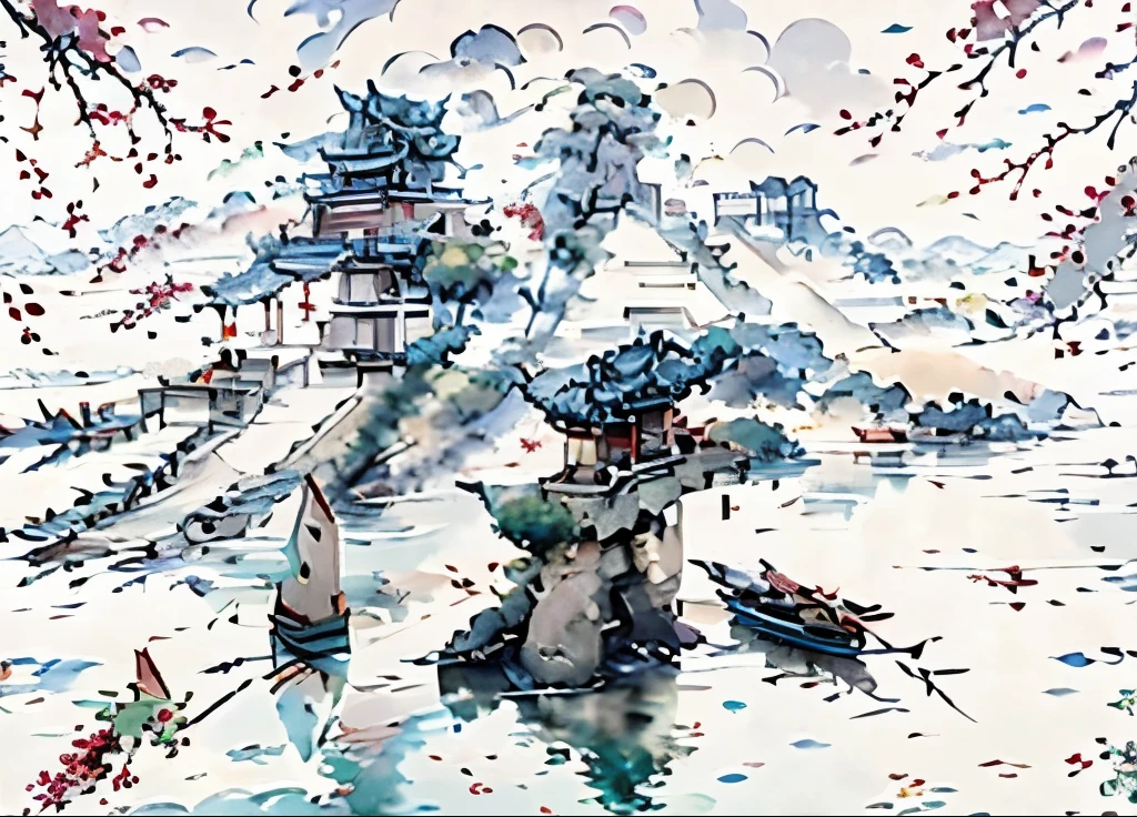 (Depth of field effect) (Chinese ancient architecture group on isolated island), (Tower, Building) (Pavilion,miscellaneous trees, Clouds, green trees, maple trees, red trees, small stones, small birds), Chinese watercolor style, (Chinese painting style),Chinese
landscapes,Traditional Chinese watercolor paintings, Chinese paintings,watercolor8K, (reflections), clear boundaries between light and shadow, light and shadow, light and shadow effect, masterpiece, super details, epic work, ultra high definition, high quality, very detailed, official art, unified 8K wallpaper, super details,Contrast between light and dark.