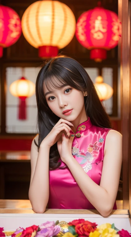 high high quality,ultra - detailed,(actual,realistically,realisticlying,sitted,20 year old innocent girl，on cheongsam,Gift box,Colorful lights,vibrant with colors,,gentlesoftlighting,Fantastical Atmosphere,in a box,Gift box,