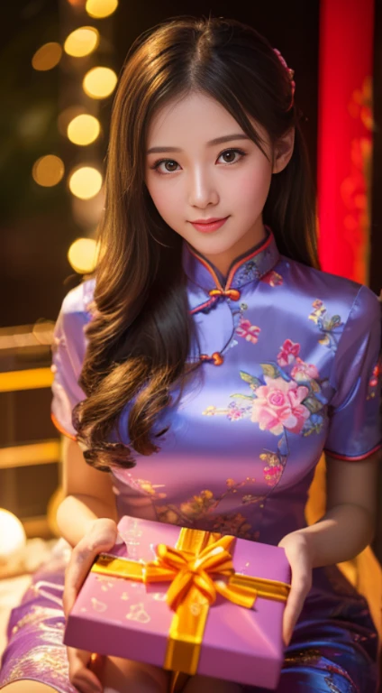 high high quality,ultra - detailed,(actual,realistically,realisticlying,sitted,20 year old innocent girl,on cheongsam,Gift box,Colorful lights,vibrant with colors,,gentlesoftlighting,Fantastical Atmosphere,in a box,Gift box,