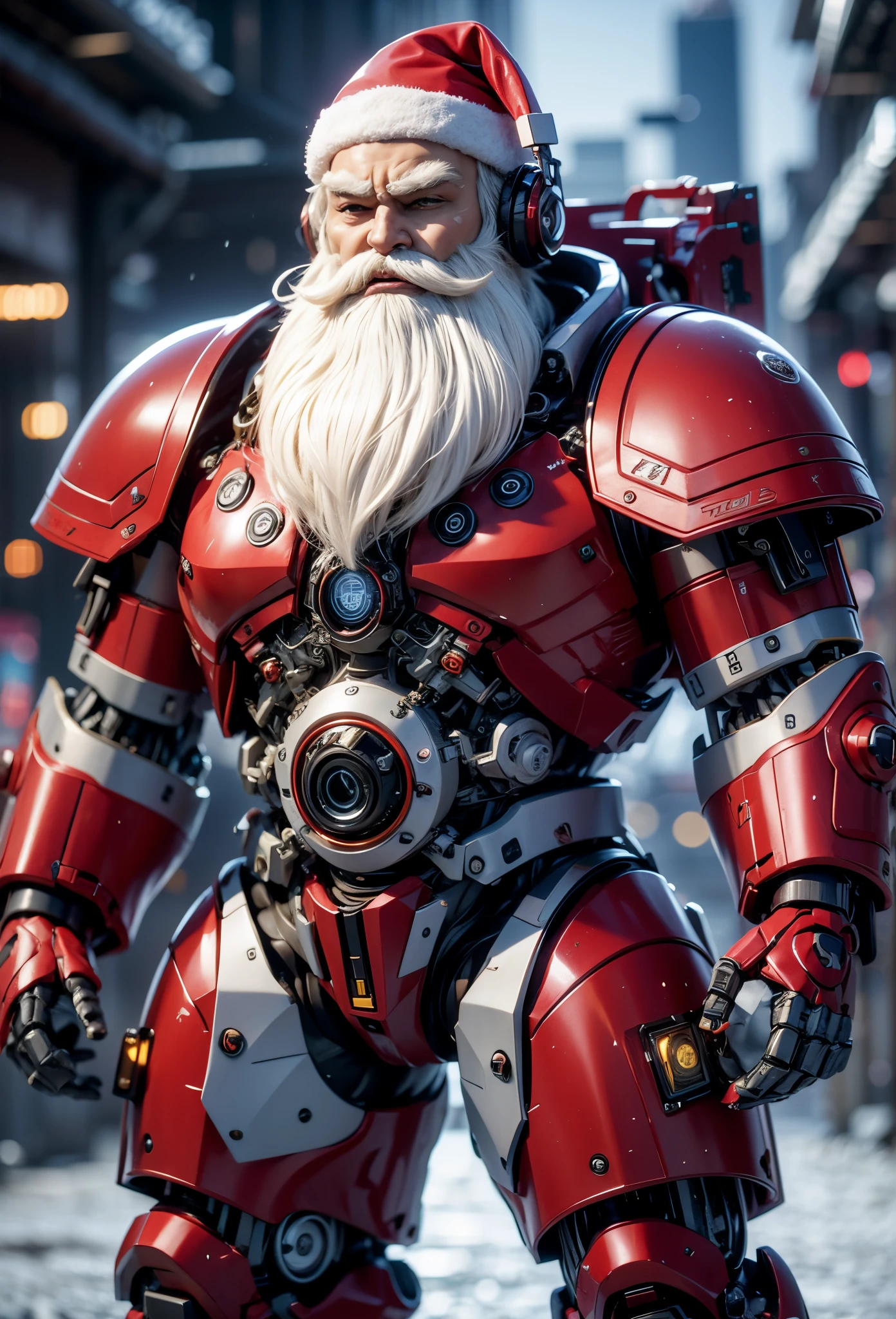 Image of a fat Santa Claus in red armor wearing headphones., long white beard, Detailed portrait of the robot, Santa Claus Cyborg, cyborg portrait, white and red cyborg, Face of Santa Claus, cybernetic machine, Portrait of a cyberpunk machine, (Realistic face details), intricate detailed, Portrait of a humanoid robot, very high details, Realistic photos, 8k, UHD, hyperdetailed, (Dynamic Poses:1.4),