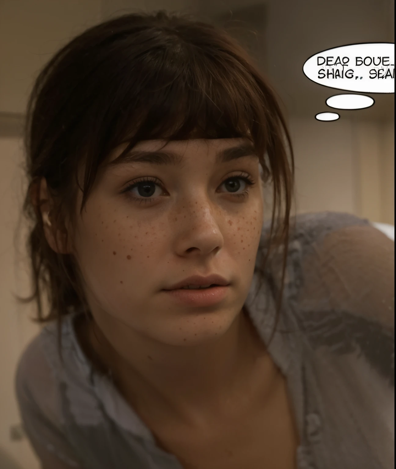 Woman, many freckles, sad, frightened