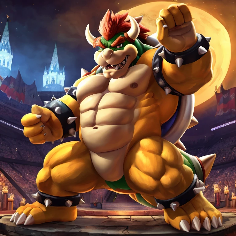 A full body view of Bowser with 8k resolution and super detail. The image should be of the best quality, showcasing a solo male character. Bowser should be portrayed with a grinning expression and extremely high detail, emphasizing his fierce and intimidating personality. The background should feature a castle, adding a sense of grandeur and power to the scene. The lighting should be dramatic, highlighting Bowser's presence and creating a sense of intensity. The color palette should be rich and vibrant, enhancing the overall impact of the image. The art style should be bold and dynamic, capturing the essence of Bowser's character.