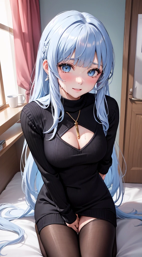 Character Details:, - Gender: 1 Girl.
- Style: Anime, - Body Type: Attractive body, slim body, nice legs, slim tights, nice arms, nice shoulders. - Breast: (Small Breast:1.1), (Cleavage), (Nipple).
- Facial Feature: Beautiful, Gorgeous, ager, Fresh, Young.
- Expression: Shy, Smile, Horny, Pink Blush on Face, Sexy Eyes, Sexy Look, (Sweating:1.4), Innocent Look, Tipsy. - Hairstyle: Blunt Bangs, Long Hair. - Hair Color: (Light Blue Hair:1.5).
- Clothing: (Black Virgin Sweater:1.6). - Body Pose: (Kneel:1.1). - Behaviour: Waiting, Want Something, Secretly.
- Accessories: Earrings., Environmental Details:, - Setting: Bed Room., - Lighting: Natural Light., - Decoration: Modern Bed, Chair, Window, White Curtain, City View. Top view. pov, anime style, UHD, retina, masterpiece, accurate, anatomically correct, texture