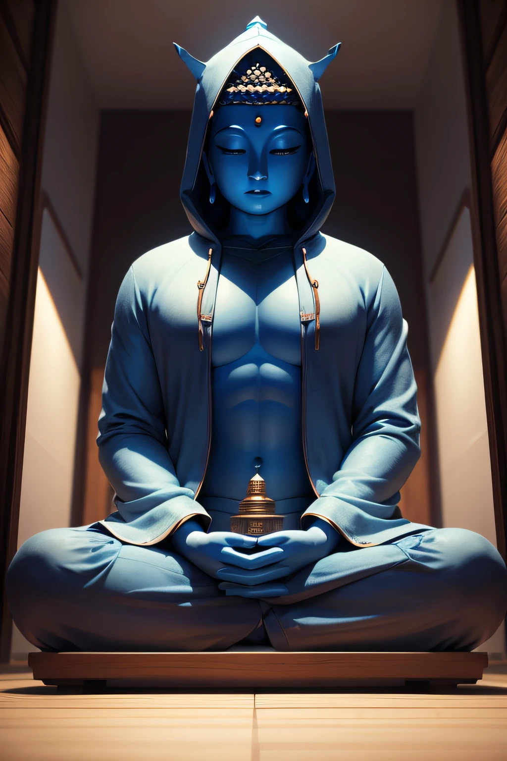 There is a blue Buddha statue facing the front and wearing a hoodie hood,Buddha, the buddha, buddhism, beautiful image,Buddha,Buddha