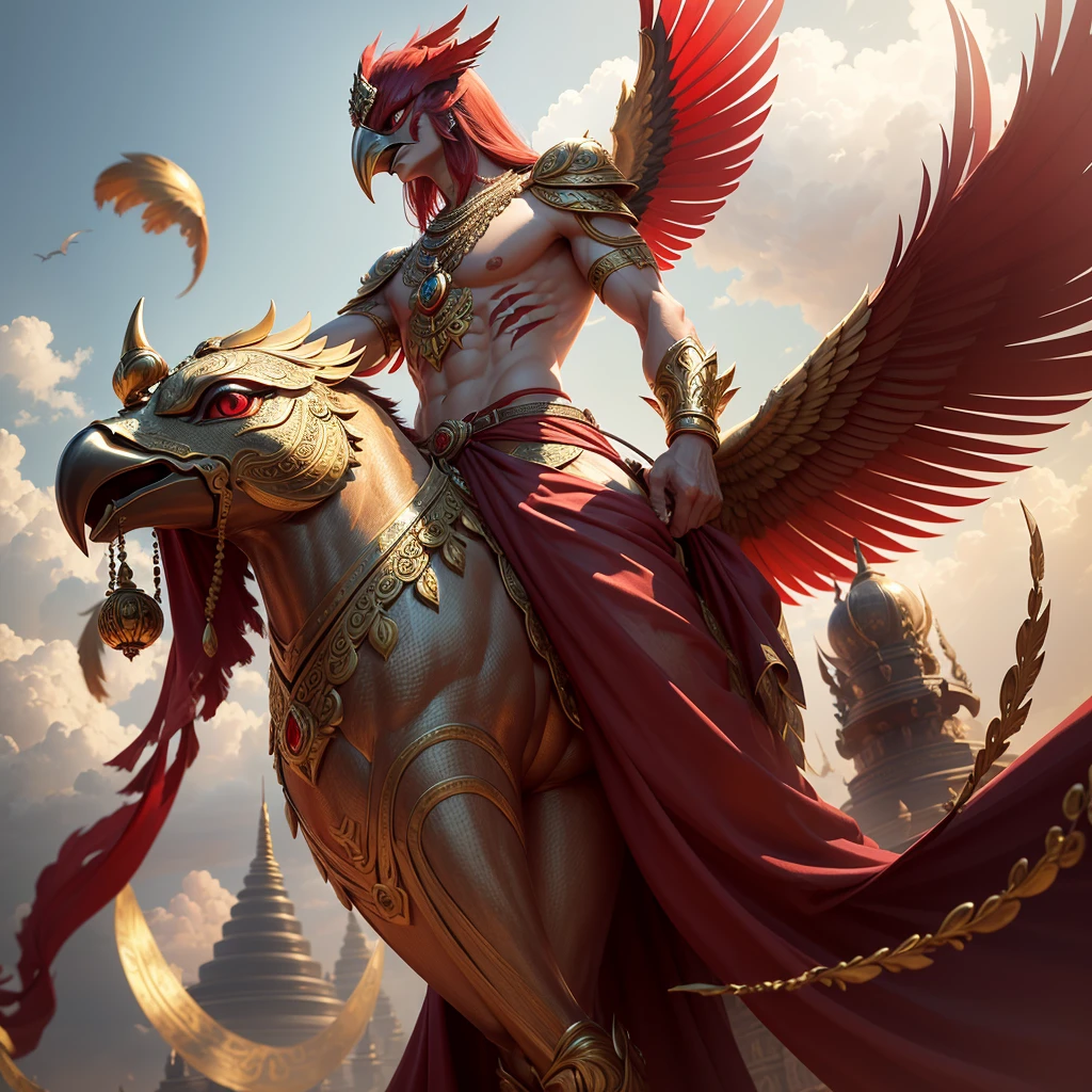Garuda, Anthropology, has the head of a male anthropomorphic bird. 1 Garuda, the head of which is a bird. The head and appearance are that of a bird. Has a bird's head, red feathers, red eye details, muscular body, best anatomy, red skin, red feathers on the body. Big red wings spread out. Perfect wingspan Wear jewelry made from gold with Thai designs. Gold jewelry adorned with diamonds sits on the head of a red bird. Wear a gold chain on the left and right on the chest. Wear bright red pants, Thai silk with a Thai pattern and a gold waistband. Beautiful red cloth, ancient Thai cloth, holding a sword, hands and legs having the appearance of a complete bird. perfect hands, legs, feet Standing on the grass, looking straight, standing fully, body with the most refined skin. red skin body Maximum feather detail. Red feather. Maximum eye detail. Red eye.
Maximum anatomical detail Details, cloth, accessories, Thai warrior armor, ultimate weapon Masterpiece quality Realistic photos The most realistic picture Maximum realism and detail The best light The best quality of light and shade World class photography studio Best close-up view The backdrop of a Thai temple castle is made of gold, onyx, emerald, and diamond. The most perfect The background is the sky, clouds, fog. Feeling natural and realistic