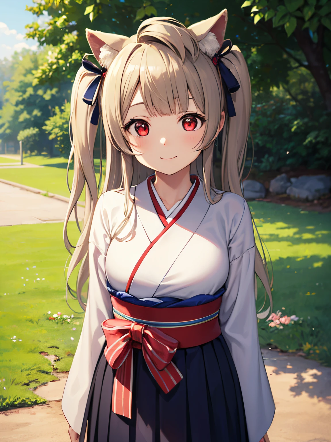 ​masterpiece、top-quality、Minami Kotori、ighly detailed、独奏、Minami Kotori,Three-dimensional feeling、front-facing view、cute animal ears, One side up, Hair Ribbon, bow ribbon, Long hair,arms on both sides、Taisho period in Japan、White color kimono、outside of hakama、a park、Animal ears、realisitic、Beige hair, (Red Eyes:1.1),1girl in、Beautiful flowers々Park in full bloom、Absolute reference to center、A smile、A delightful!　、standing on the grass、absolute reference to center