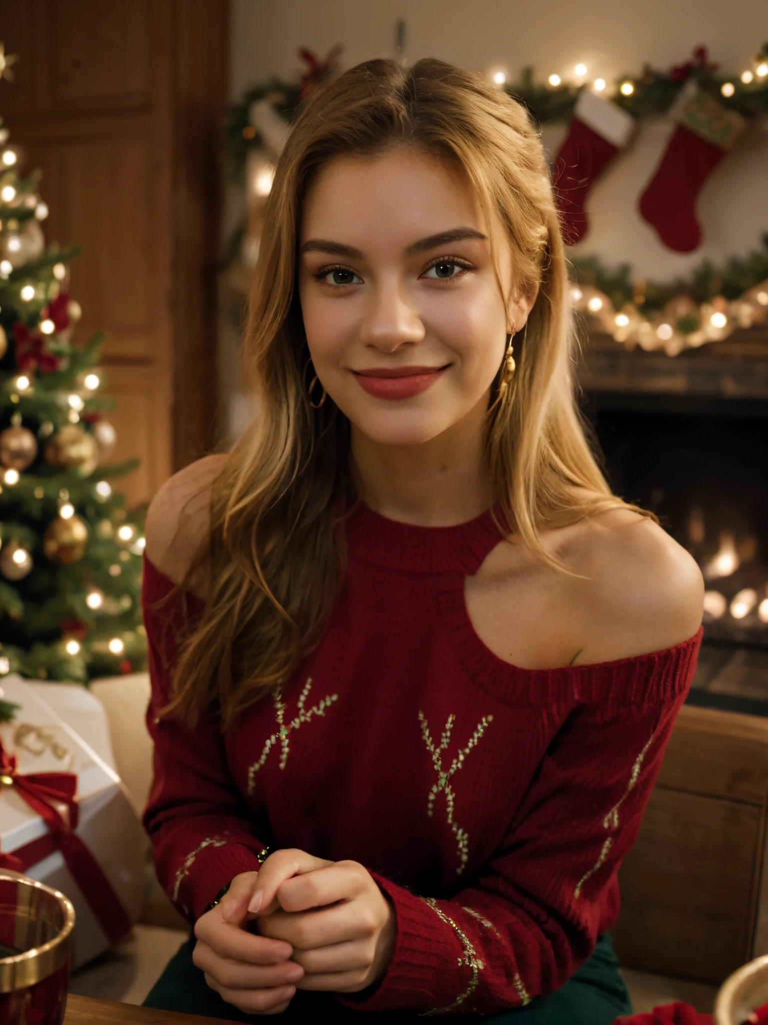 1girl, jewelry, smile, blonde hair, red sweater, solo, looking at viewer, sweater, long hair, earrings, christmas tree, gift, own hands together, indoors, blurry, blurry background, sitting, realistic, christmas, table, ring, box,gift box, off-shoulder sweater, bare shoulders, off shoulder, chair, shoulder cutout, christmas ornaments, fireplace, long sleeves, cup