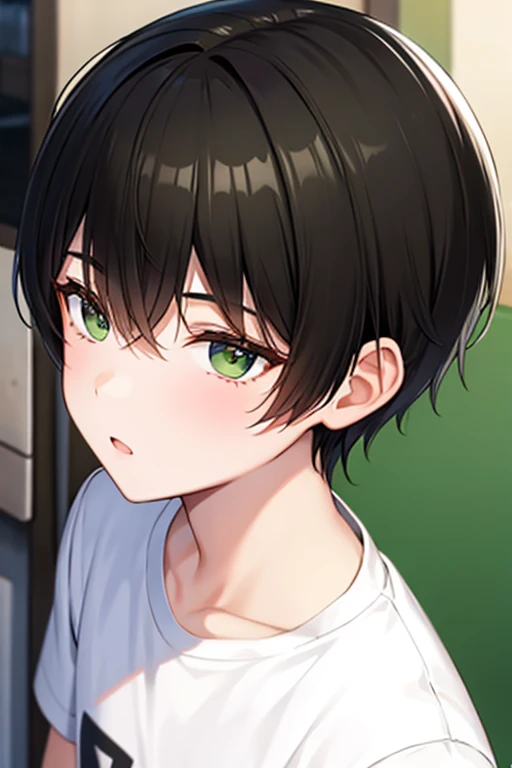 Boy with black haired,with short hair and boy eyes green eyes,