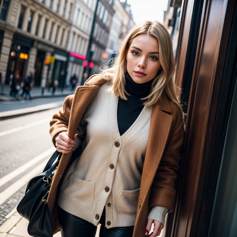 (masterpiece, Superior Quality, top-quality, Extreme details, Supreme Detail, offcial art, Beauty and aesthetics: 1.2), Portrait of one woman, long dyed blonde hair, left hand tattoo, Wearing a brown overcoat with black button detail, black turtleneck sweater under coat, closed coat, tide coat , black leather pants and black leather boots, Walking the streets of London, big ben foundation, top-quality, masterpiece, Photorealista: 1.2, No super high, 8k raw photos, elegan, Glamour, detailed texture, Symmetrical face, Facial emphasis, natural soft light