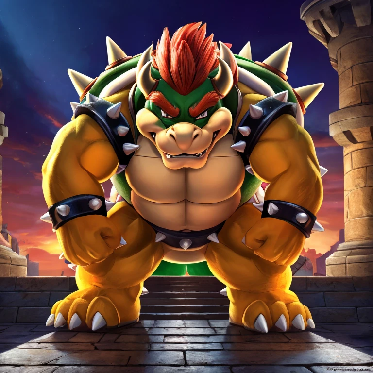 A full body view of Bowser with 8k resolution and super detail. The image should be of the best quality, showcasing a solo male character. Bowser should be portrayed with a grinning expression and extremely high detail, emphasizing his fierce and intimidating personality. The background should feature a castle, adding a sense of grandeur and power to the scene. The lighting should be dramatic, highlighting Bowser's presence and creating a sense of intensity. The color palette should be rich and vibrant, enhancing the overall impact of the image. The art style should be bold and dynamic, capturing the essence of Bowser's character. There should be no suggestive aspects to Bowser's character.