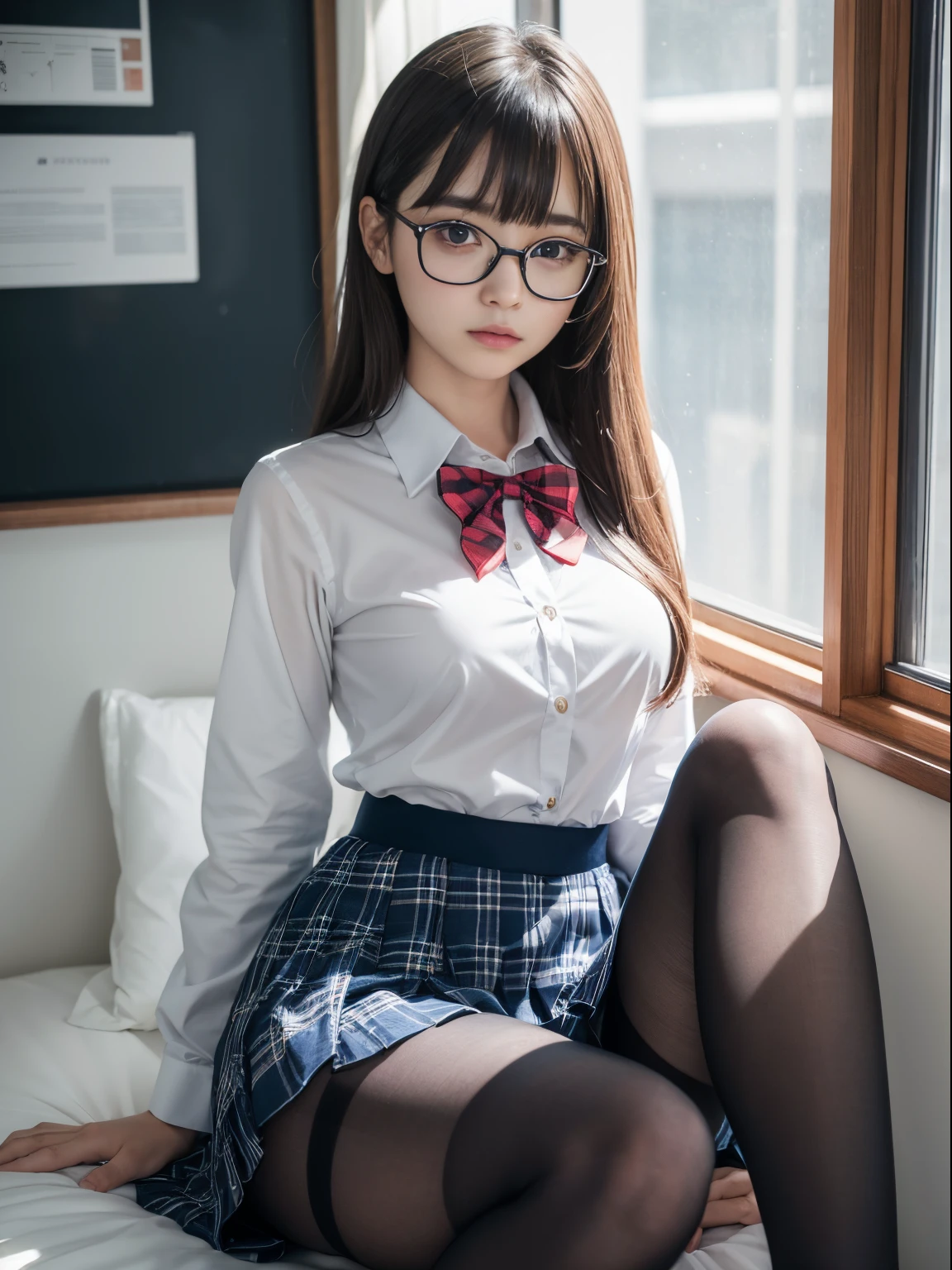 (itting open legs)、(I see underwear)、((Narrow-eyed))、((Narrow-eyed))、((Narrow-eyed))、(8K、Raw photography、top-quality、masterpiece:1.2),、Has a small、(flat breast)、(flat breast)、(flat breast)、(flat breast)、(flat breast)、(being thin)、light skinned、skin whitening、Dark look、Rasping,glamor,Chromo-white skin,cocky,School,watching at viewers,Looking at the front,Muchimuchi,High-pitched clothing,Erotic,Pupils,de pele branca,kne,((Black pantyhose)),absurderes,a small face,,Forehead visible,Bangs hanging from the left and right sides of the forehead,(a cold expression,Tight eyes,glares,Bullish,irate)、masterpiece,top-quality、超A high resolution,Raw photo,ren,Beautiful fece,One Person, 独奏,eye glass,,Dark look,Small breasts,fullllbody,Round glasses,JK school uniform,hi-school girl,A Japanese Lady, (Photorealsitic:1.37)、Photon mapping,Realistic、Beautie,Cute little face,Brown-eyed、Black socks、(Red bow tie)、Radio City、Physically Based Rendering、depth of field rally background、a picture,Body,beauty legs, Long legs, Thin leg,(Bangs are visible), hair, s lips, Blue_The eye, nosesoft,(Light blue shirt), (Navy and blue and white plaid pleated skirt), Knees are visible,Sheer clothing,, Thigh, Black cotton socks,Nogizaka Idol, , Japanese ido
