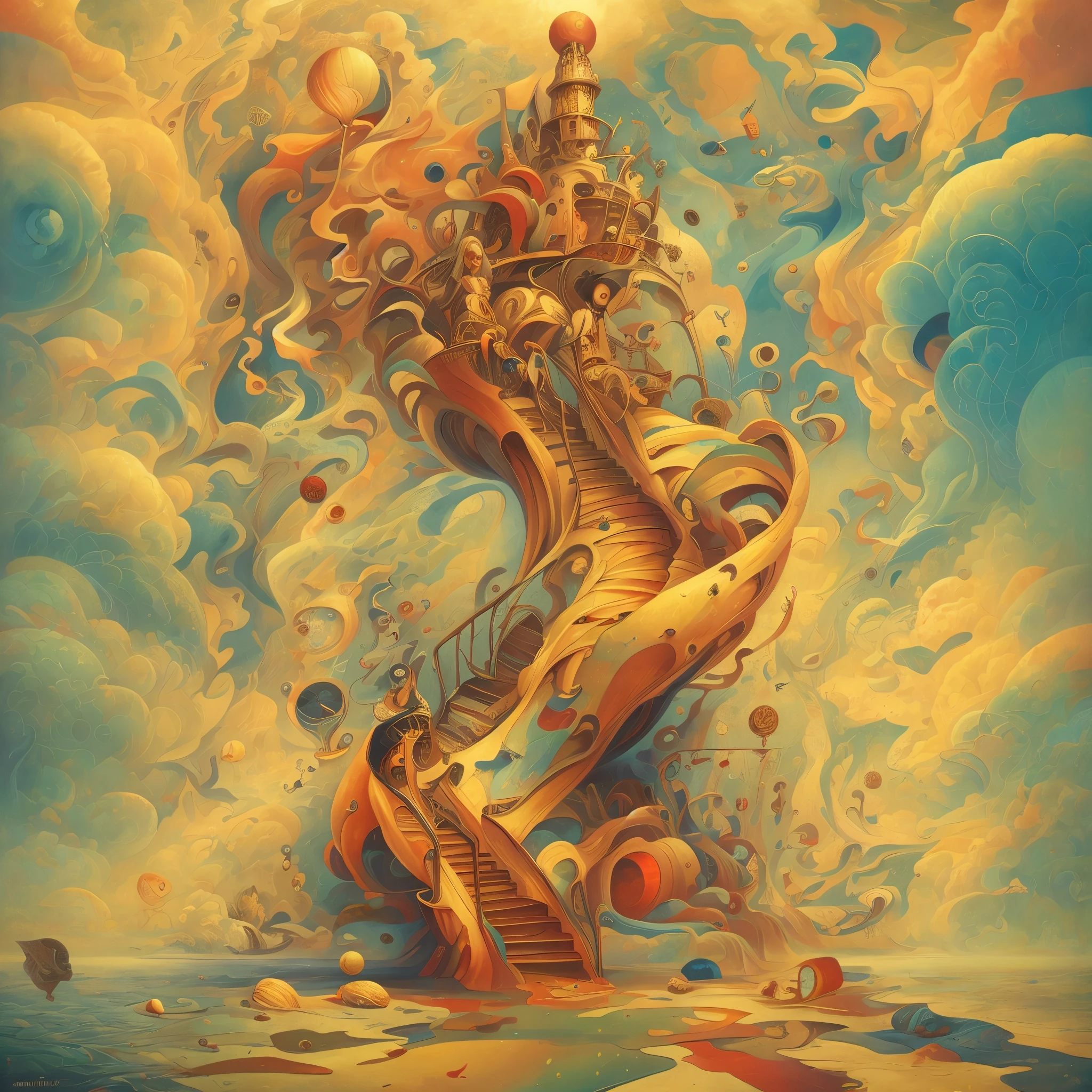 Painting of a castle with stairs leading up to the tower, James Jean Andrey Ryabobichev, abstract surrealism masterpiece, surrealistic painting, surrealistic painting, Surreal oil on canvas, Surreal oil painting, Psychedelic surrealist art, surrealism painting, magically shaped surrealism, inspired by ESAO, a surrealist painting, style of surrealism, surrealist artwork, Abstract Surrealism