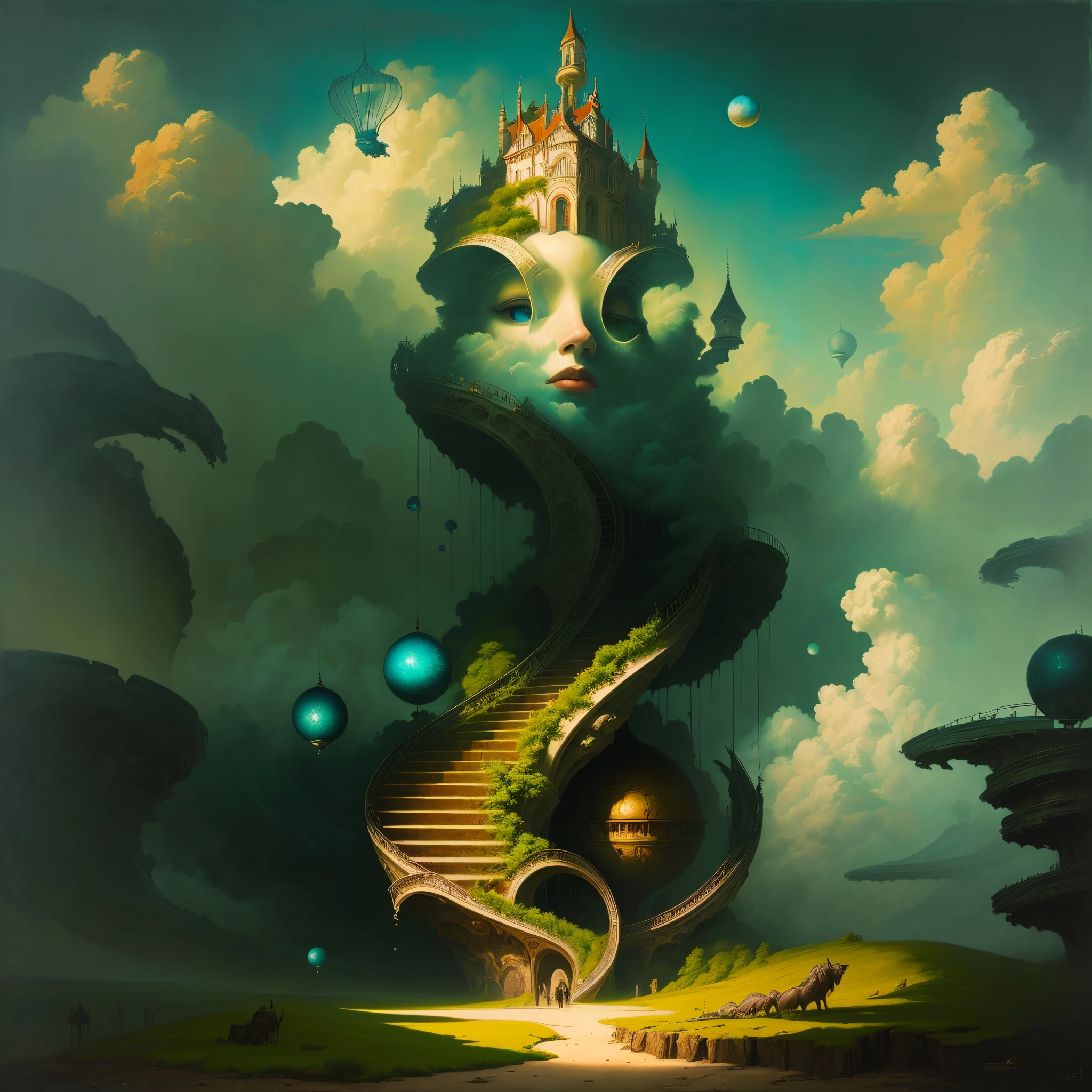 A picture of a surreal castle and the stairs leading to it, magically shaped surrealism, surrealistic painting, surrealistic painting, James Jean Andrey Ryabobichev, Surreal oil painting, abstract surrealism masterpiece, surrealist artwork, Whimsical surrealism, Surreal oil on canvas, surrealism painting, inspired by ESAO, inspired by Vladimir Kush, highly detailed surrealist art, a surrealist painting