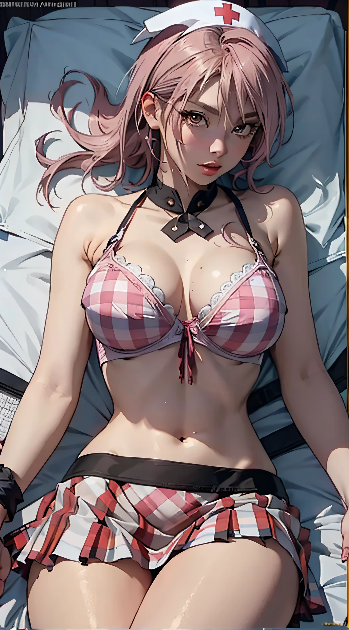 (NSFW),(((Superstar:1.3)))、Cosmopolitan cover、Glamorous、Sleeping in bed、Bra strap comes off from underneath..、Professional Woman Photography、Lover's perspective, Photorealsitic、8 Head Body、 Beautiful mafia tanned woman photo))、beautiful thigh、  (((Nurse 、White and pink bra、White and pink checked short pleated skirt、Pink mesh hair color)), Realistic, Beautiful lips, Brown eyes, of the highest quality, Ultra Detail, trending on artstationh,