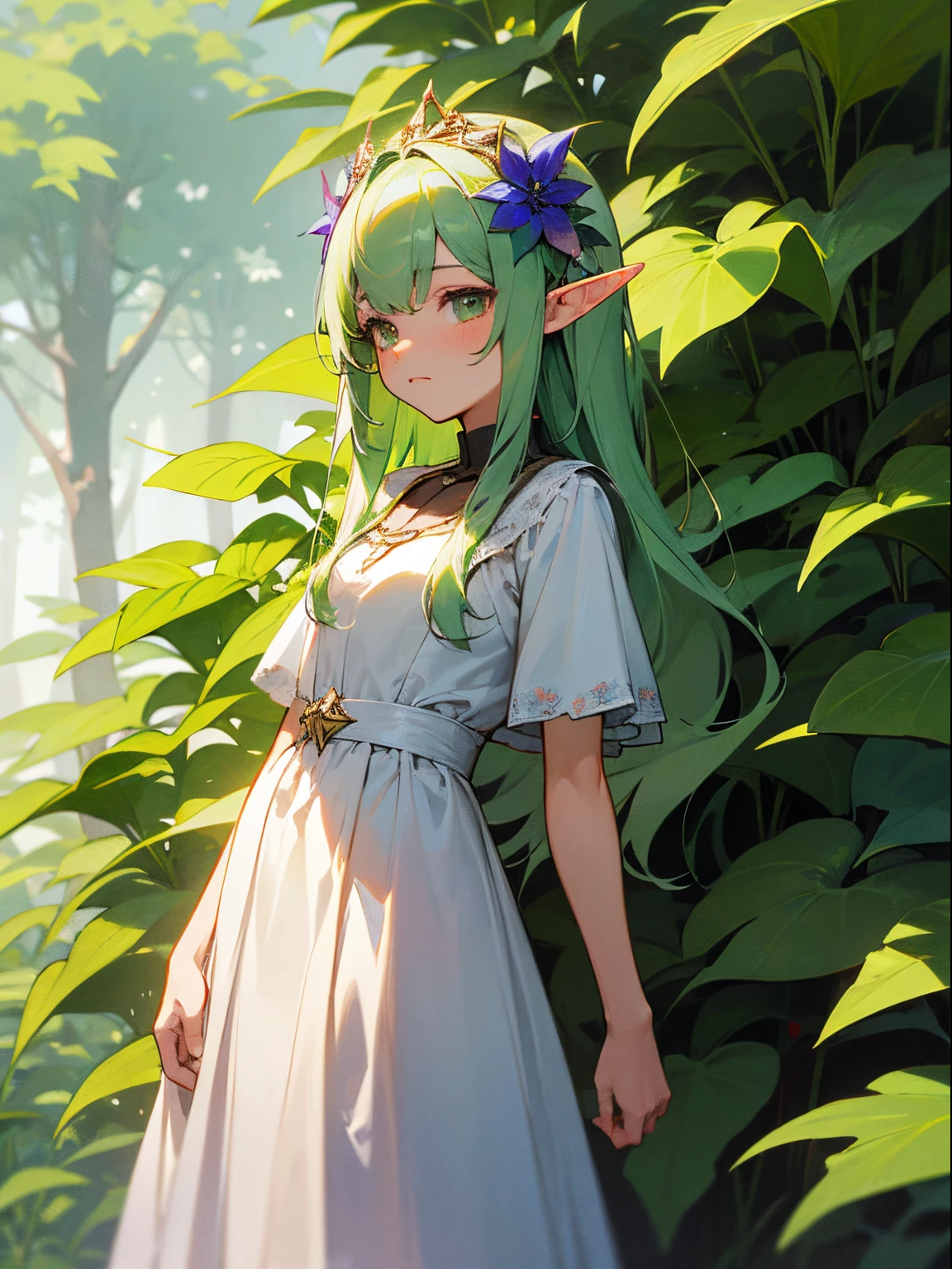 （tmasterpiece，best qualtiy，illustratio，offcial art：1.05），（Standing painting：1.12），full bodyesbian，are standing，looking at viewert，独奏，1girll，Elf Girl，long whitr hair，Green hair，[green color|blue colors]The eye，white dresses，Gray hair flower，hair adornments，（8 year old），（children's），ventania，leafs，vine，ln the forest，