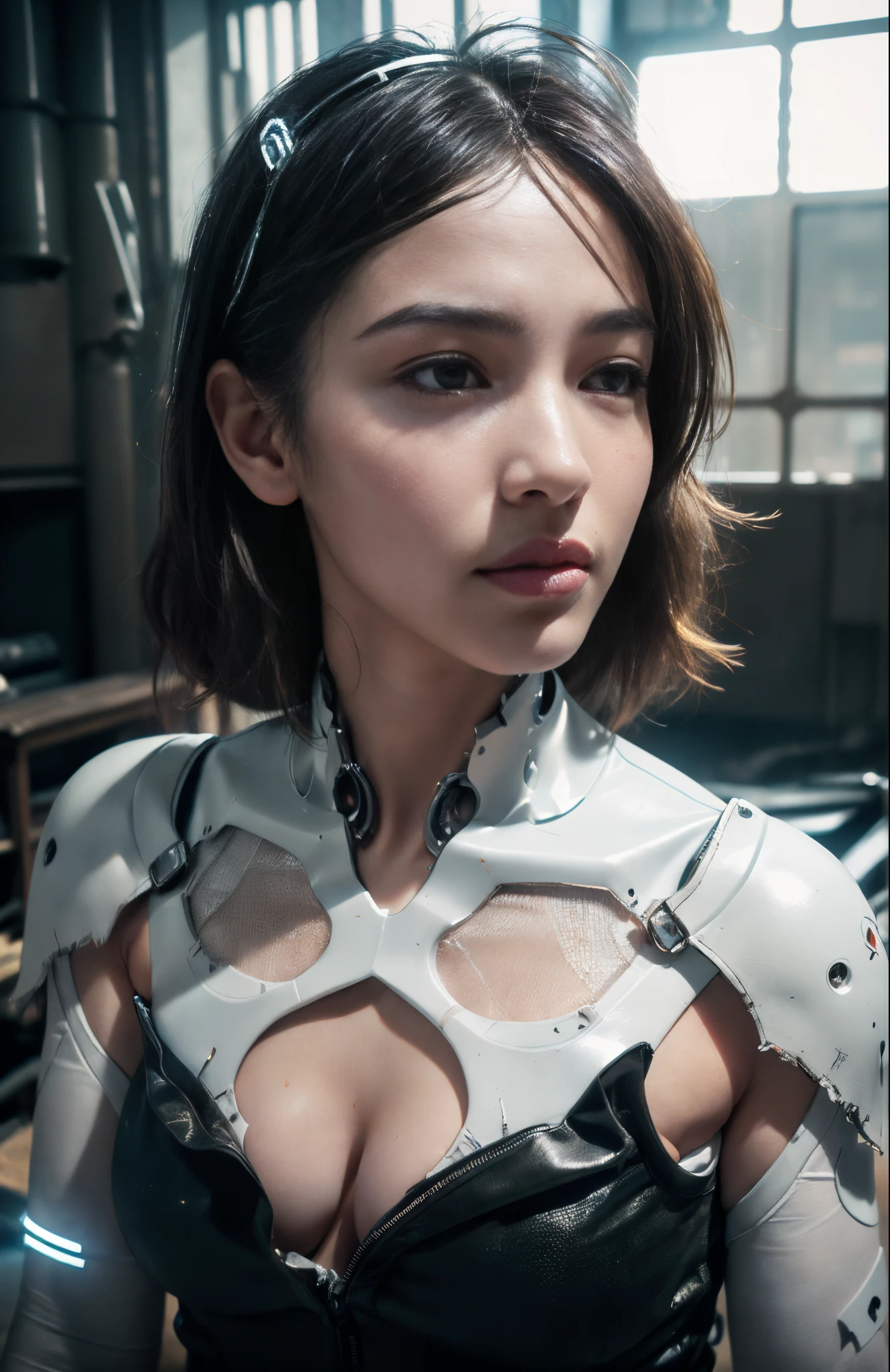 ((best quality)), ((masterpiece)), ((realistic)), (detailed), (photorealistic:1.5), a futuristic girl, (thick body), (white bodysuit), lights on armor, cybernetic headwear, looking at viewer, dynamic pose, post apocalyptic, destroyed city background, buildings on fire, science fiction, hdr, ray tracing, nvidia rtx, super-resolution, unreal 5, subsurface scattering, pbr texturing, post-processing, anisotropic filtering, depth of field, maximum clarity and sharpness, rule of thirds, 8k raw, (luminescent particles:1.4), (extremely detailed cg, unity 8k wallpaper, 3d, cinematic lighting, lens flare), reflections, sharp focus, cyberpunk art, cyberpunk architecture,