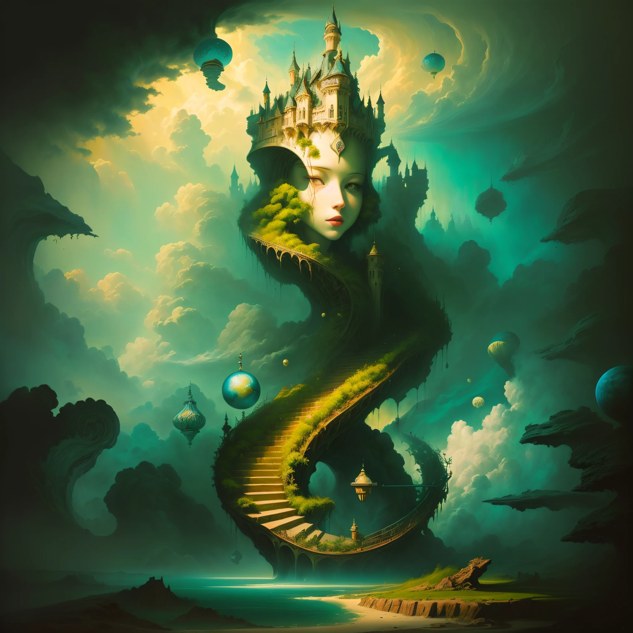 A picture of a surreal castle and the stairs leading to it, magically shaped surrealism, surrealistic painting, surrealistic painting, James Jean Andrey Ryabobichev, Surreal oil painting, abstract surrealism masterpiece, surrealist artwork, Whimsical surrealism, Surreal oil on canvas, surrealism painting, inspired by ESAO, inspired by Vladimir Kush, highly detailed surrealist art, a surrealist painting