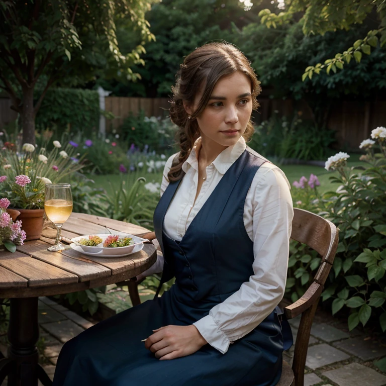 a woman sitting in a garden, vest with apron, highly detailed, Zwxthejx , 1900s hyper realistic gorgeous lighting, illuminated,