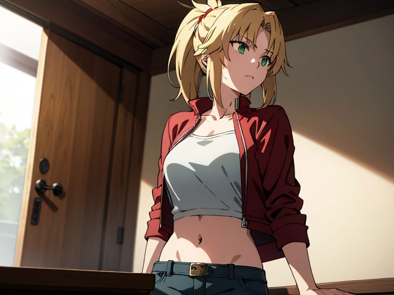 incomparable masterpiece, ultra 8k CG, ultra high resolution, perfect art, modred, (green eyes:1.5), blonde hair, ponytail, short hair, scrunchie, red scrunchie, hair scrunchie, denim, denim shorts, jacket, midriff, navel, red jacket, short shorts, shorts, tube top, red line white top, high res, ultrasharp, 8K, masterpiece, ultra high resolution, beautiful detailed eyes, hyper-extreme details, best quality, perfect illustration, an extremely delicate and beautiful, extremely detailed, CG, 8k wallpaper, amazing, finely detailed, official art, extremely detailed 8k CG wallpaper, incredibly absurd, huge file size, ultra detailed, extremely detailed, beautiful detailed girl, extremely detailed eyes and face