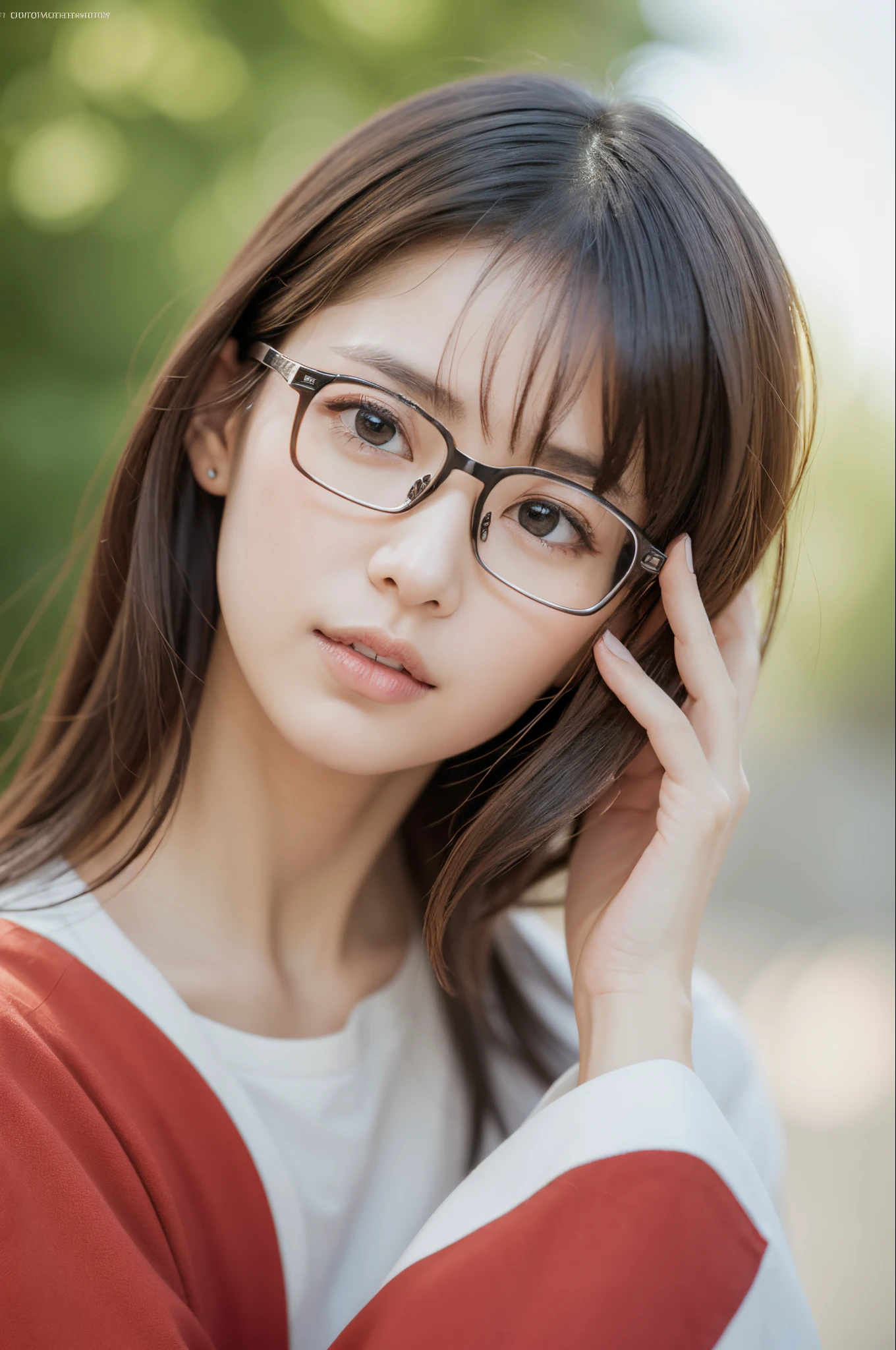 Best Quality、Raw photo、profetional lighting、Top image quality、​masterpiece、Live-action depiction、The background is of the best quality、The background is professional lighting、Big eyes、There is a village frame pure、reproduction of a real person、portron hair、asian human、Eyes are black、read the red book、wearing black glasses、