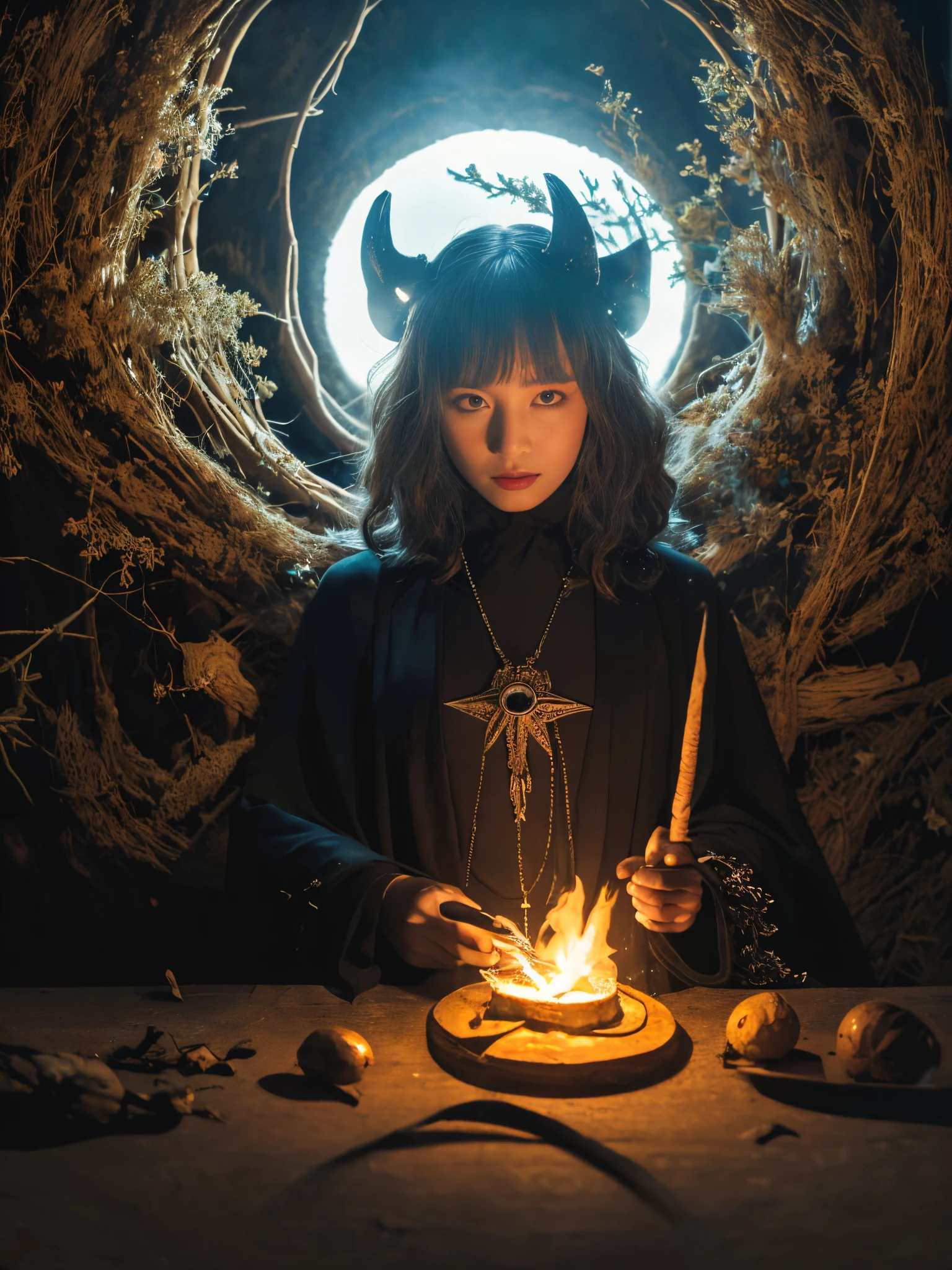 1girl in, (witchcore, witchcraft, pagan, Mystical, Nature, occult) , magician, spell magic, Magic Circle, ((magic in hand)),(masutepiece, Best Quality:1.4),(absurderes, hight resolution, ultra-detailliert:1.2),(using dark magic:1.4), imaginative overlays, artistic fusion,fantastical scenes, evocative narratives, striking visuals, Upper body ，(((Best Quality))),(((ultra-detailliert))),(((masutepiece)))