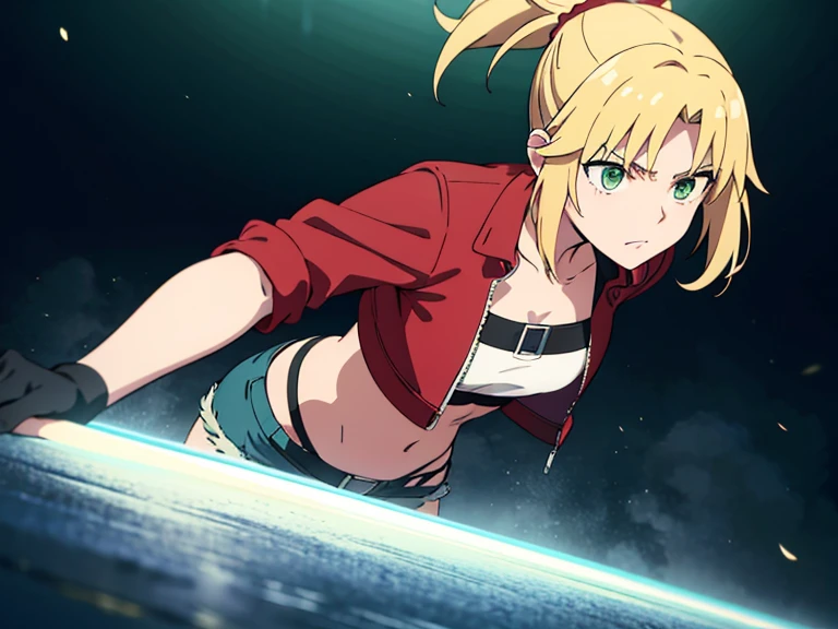 incomparable masterpiece, ultra 8k CG, ultra high resolution, perfect art, modred, (green eyes:1.5), blonde hair, ponytail, short hair, scrunchie, red scrunchie, hair scrunchie, denim, denim shorts, jacket, midriff, navel, red jacket, short shorts, shorts, tube top, red line white top, high res, ultrasharp, 8K, masterpiece, ultra high resolution, beautiful detailed eyes, hyper-extreme details, best quality, perfect illustration, an extremely delicate and beautiful, extremely detailed, CG, 8k wallpaper, amazing, finely detailed, official art, extremely detailed 8k CG wallpaper, incredibly absurd, huge file size, ultra detailed, extremely detailed, beautiful detailed girl, extremely detailed eyes and face