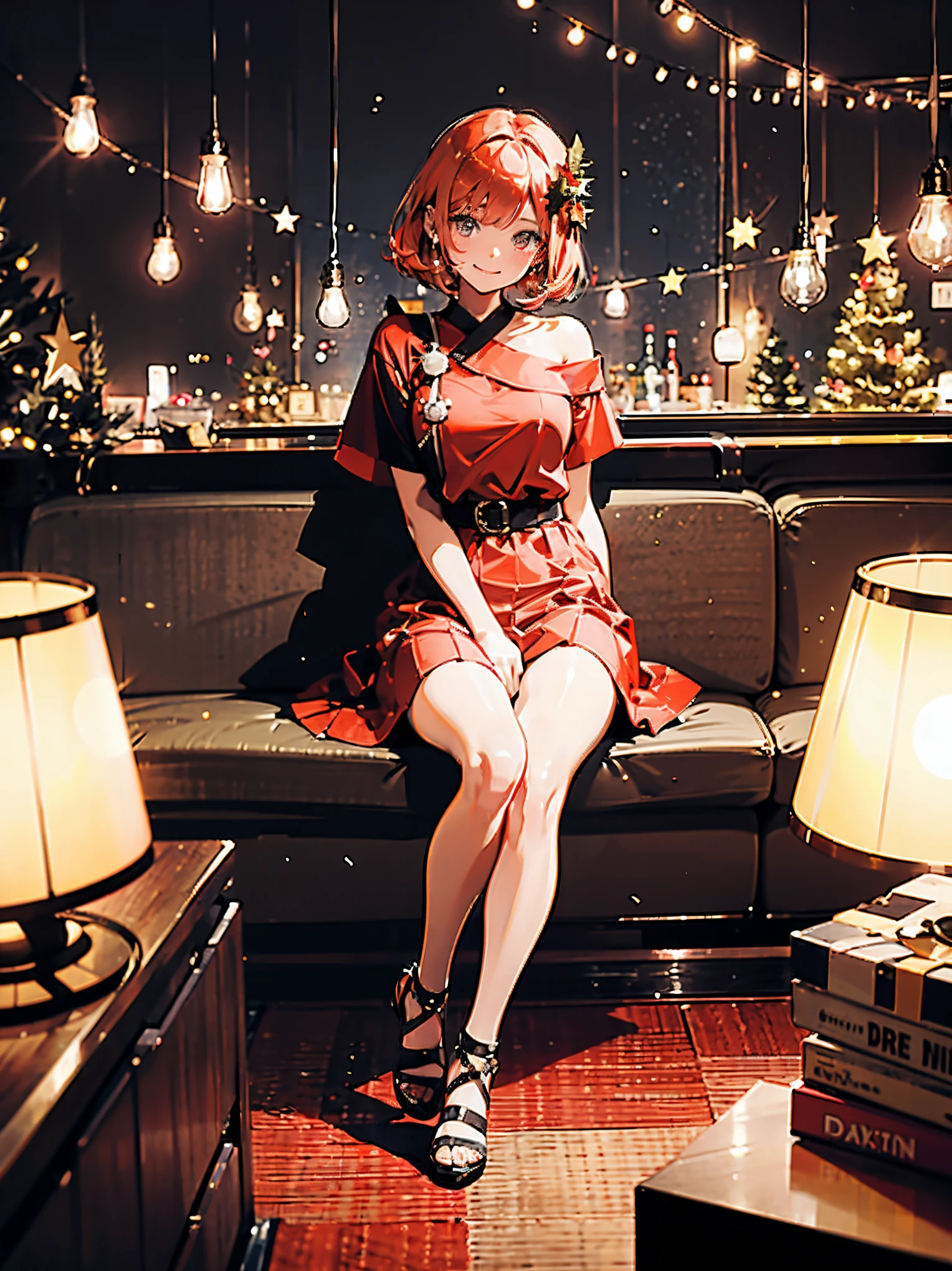 Indoor warm atmosphere in a room. Woman in short red mini dress with holly hair ornament, sitting on one knee by sparkling Christmas tree, smiling and looking at camera, highest quality, masterpiece, depth of subject, slightly blurred background,