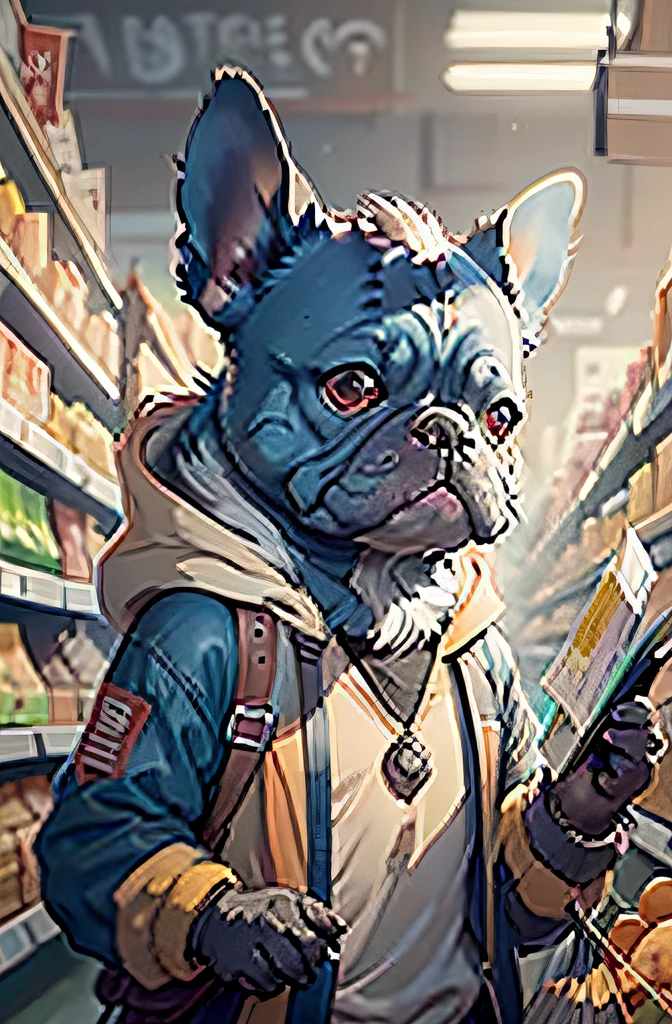Anthropomorphic French Bulldog、Checking out at the grocery store