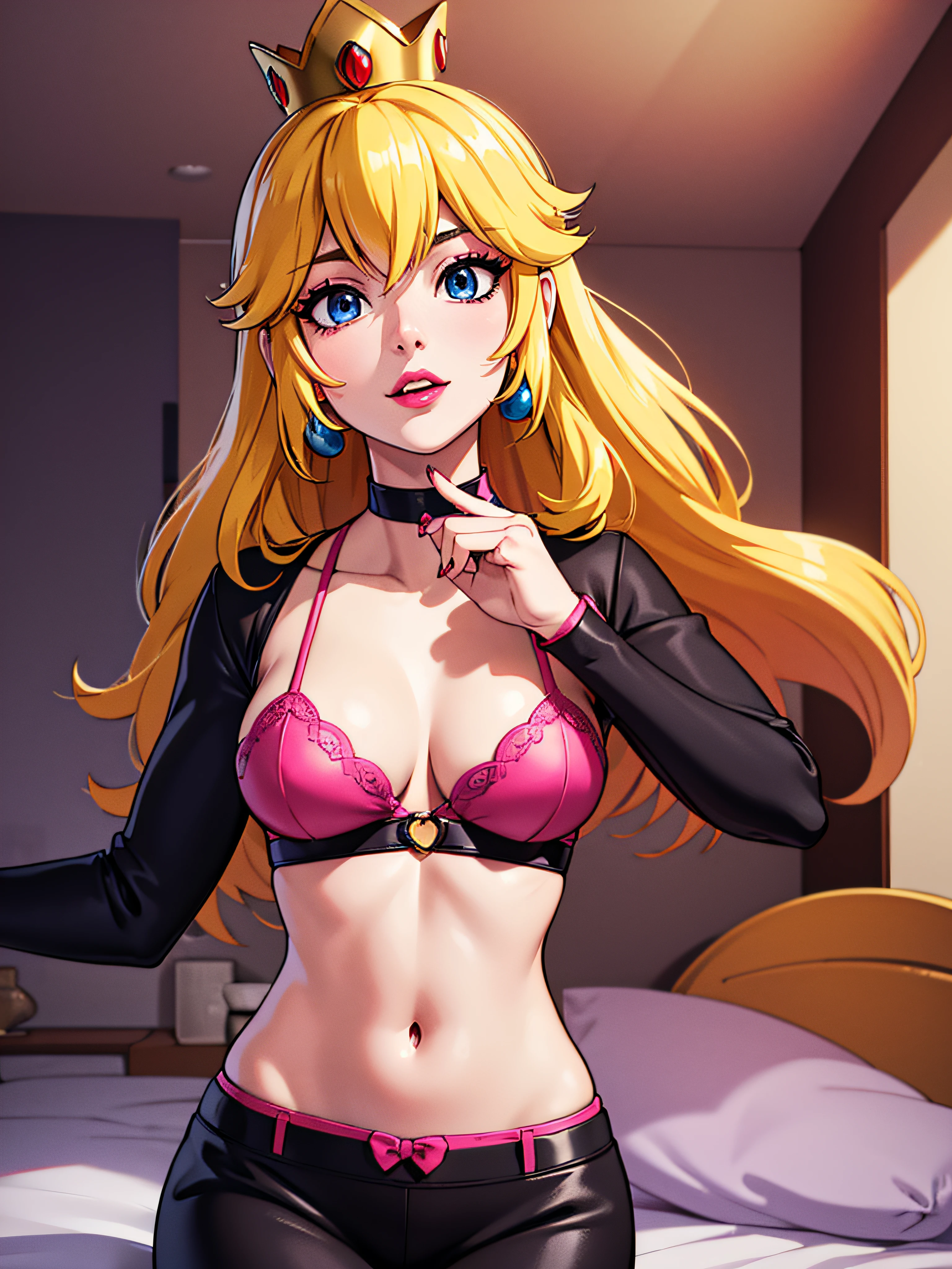 ((high detailed, best quality, 4k, masterpiece, hd:1.3)), Indoors, Princess Peach, blue eyes, original, seductive, attractive, fanart, sexy smile, smiling, smooth anime cg art, 34C breasts, long legs, vivid colors, detailed digital art, slim body, perfect skin, long hair, blonde hair, yellow hair, BREAK crown, Princess Peach crown, cleavage, 34C cleavage, looking at viewer, BREAK looking at viewer, extremely detailed face, sexy pose, tiny pink lingerie, pink lingerie, Victorias secret pink lingerie, gem, dark black painted lips, dark gothic eyeshadows, dark eyeshadows, black eyeshadows, black sexy lips, black lips, black painted lips, (dark:1.2), dark lips, very dark lips, perfect hands, perfect anatomy, Anatomically correct, black makeup, black medium lips, black thick lips, detailed fingers, five fingers per hand, 5 fingers. (1 girl)