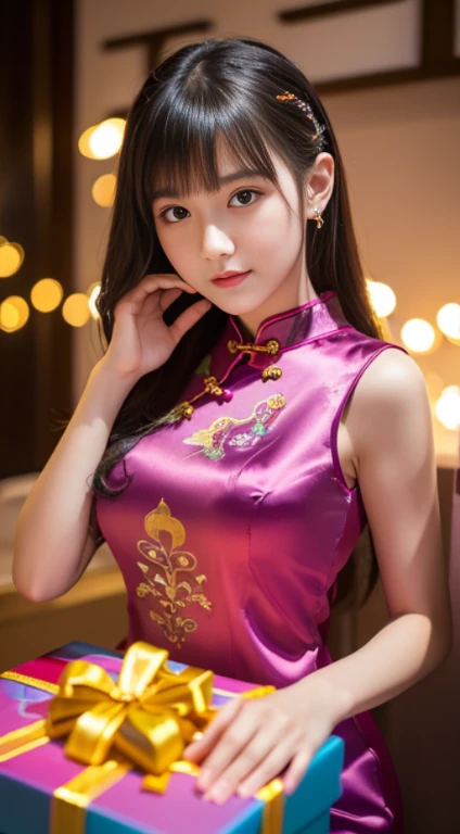 beautiful kung fu idol、lipgloss、shy smile、whole body、good style、、、、、Big Scorpion Print Tight Mini Cheongsam Dress、Braid、neon fuchsia hair (neon fuchsia)、Cinematic Light、large chinese restaurant background、