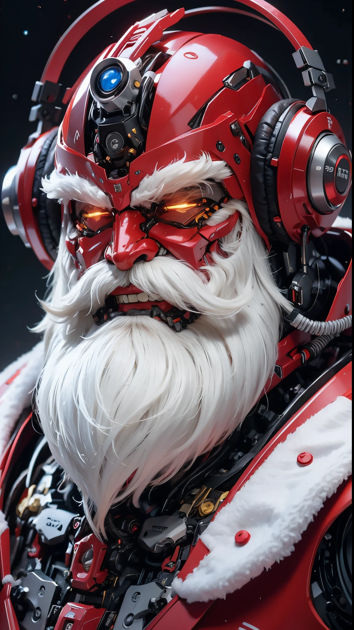 Image of a fat Santa Claus in red armor wearing headphones., long white beard, Detailed portrait of the robot, Santa Claus Cyborg, cyborg portrait, white and red cyborg, Face of Santa Claus, cybernetic machine, Portrait of a cyberpunk machine, (Realistic face details), intricate detailed, Portrait of a humanoid robot, very high details, Realistic photos, 8k, UHD, hyperdetailed, (Dynamic Poses:1.4),