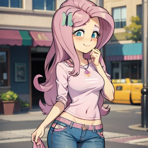 Fluttershy, jeans, pawg, Fluttershy Equestria girls, blushing, smiling cute, Fluttershy, cuerpo completo, high resolusion