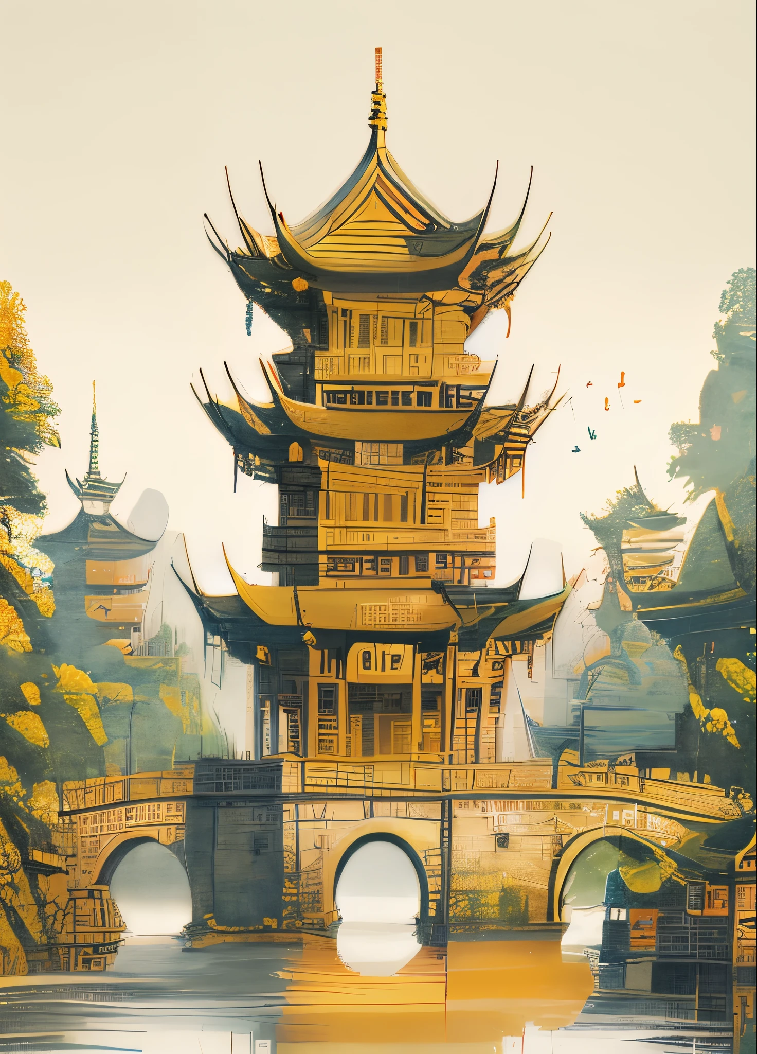 There is a painting of Yellow Crane Tower in the waterside park, digital painting of a pagoda, Very detailed old painting, Ancient Chinese pagodas, very detailed illustration.”, author:heroes, Chinese architecture, author:Gong Xian, author:Dong Yuan, ancient buildings of China, Cyberpunk ancient Chinese castle, Chinese landscape, ancient china art style, chinese watercolor style,Yellow crane tower
