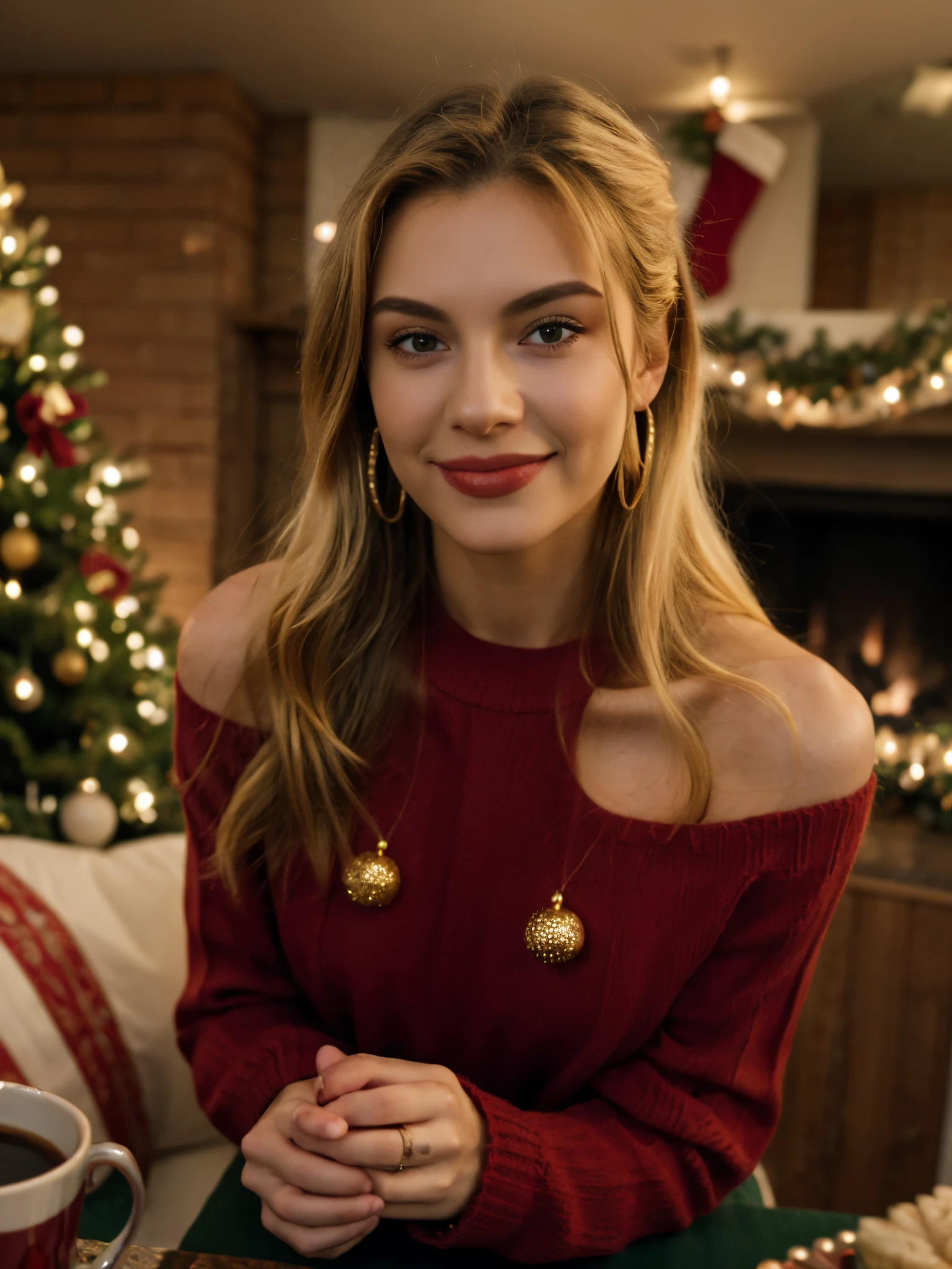 1girl, jewelry, smile, blonde hair, red sweater, solo, looking at viewer, sweater, long hair, earrings, christmas tree, gift, own hands together, indoors, blurry, blurry background, sitting, realistic, christmas, table, ring, box,gift box, off-shoulder sweater, bare shoulders, off shoulder, chair, shoulder cutout, christmas ornaments, fireplace, long sleeves, cup