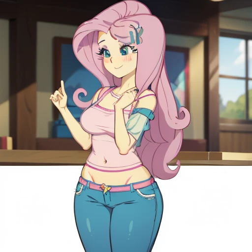 Fluttershy, sexy jeans, pants falling down, cute panties, sexy panties, Fluttershy Equestria girls, blushing, smiling cute, Fluttershy, cuerpo completo, high resolusion, shirt lift, exposed breasts, topless 