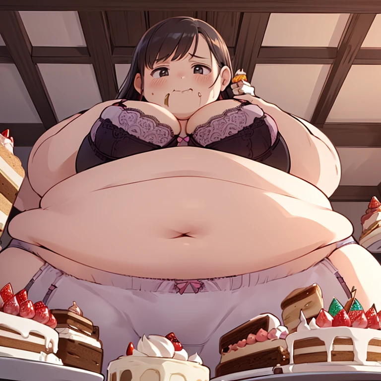 1girl, (bra & panties:1.8), obese, (fat face:1.5), (double chin:1.4), (:1.7), (baby,ld:1.0ating cake:1.4), (looking down:1.4), (nervous:1.5), blush:1.8, (surrounded by cake:1.8), front view