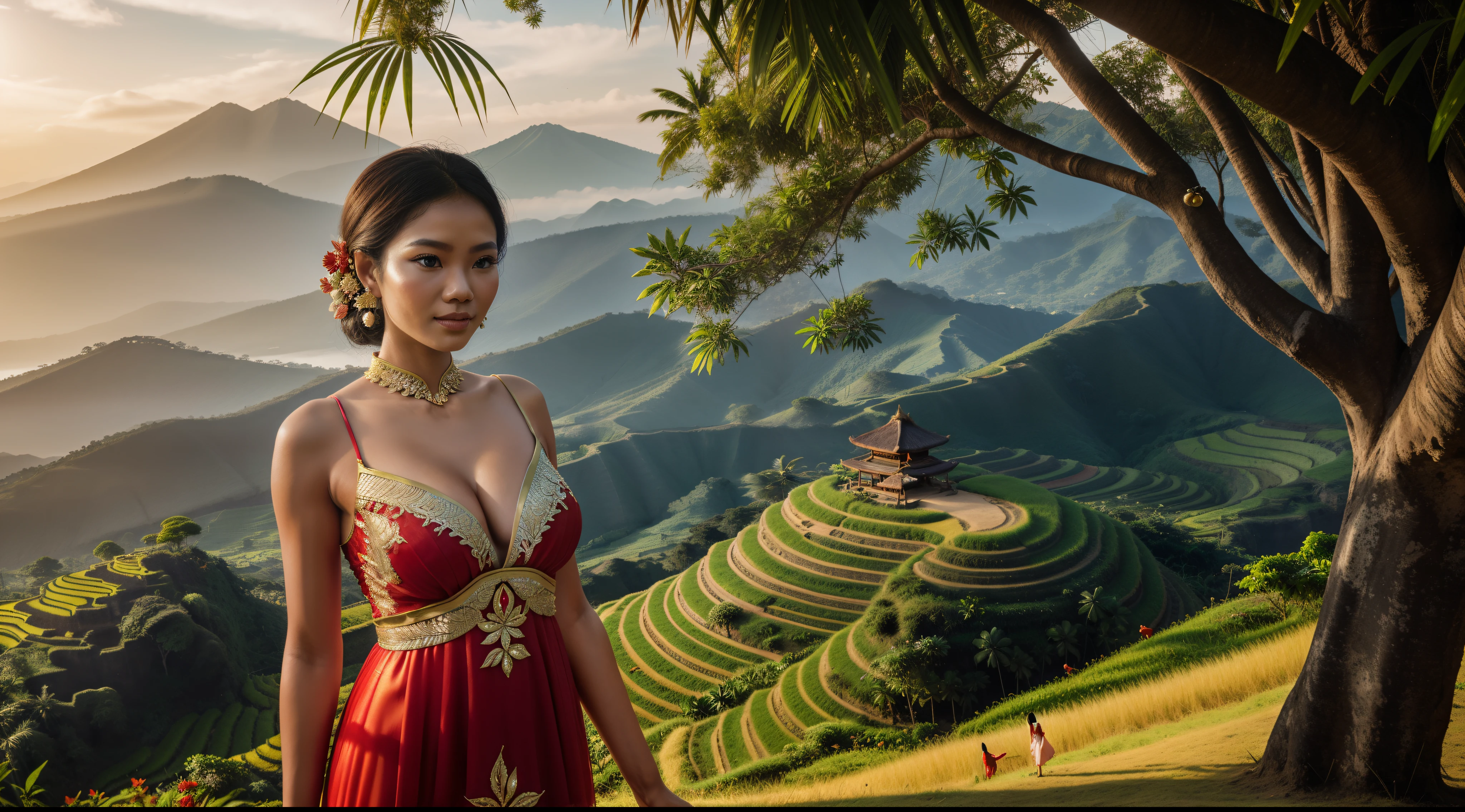 ((a girl (stand:1.2) (alone:1.4) in the village)),((full-body:1.6, cinematic-shot)),(best quality,4k,8k,highres,masterpiece:1.2),ultra-detailed,(realistic,photorealistic,photo-realistic:1.37),(beautiful and aesthetic:1.2),vibrant color,(film grain:1.3).

Indonesian,(1girl),(solo),((1 person)),(17years-old),[Raiana-Elizabeth-Dilla],pearl skin,(skin pores:1.1),beautiful detailed eyes,beautiful detailed lips,extremely detailed eyes,longeyelashes,extremely detailed face and skin texture,(skin texture:1.1),black hair,tall and slender body,(192cm tall),thin and delicate figure,graceful posture,flawless skin,defined abs,perfect curves,feminine appearance,beautiful long legs,embodying elegance and beauty,(cleavage breasts,large breasts:1.4),((wearing a (red ultra-short kebaya-dress:1.4))),extremely detailed and realistic (red) clothes,(shiny skin),((sharp focus:1.5)),(earringeathers:1.5).

[an Indonesian village, vibrant and lively, surrounded by the rich cultural heritage. The village is filled with colorful houses made of bamboo and wood, adorned with intricate carvings and decorations. The landscape is lush and scenic, with rice terraces stretching across the horizon, and towering palm trees swaying in the gentle breeze. In the background, the majestic silhouette of a volcano adds a dramatic touch to the scene. The colors are vivid and vibrant, reflecting the abundant nature and the cheerful spirit of the village. The lighting is warm and soft, casting a golden glow over the entire scene. The overall style of the artwork is a fusion of traditional and contemporary, showcasing the uniqueness of the Indonesian culture. The color palette is rich and diverse, with warm earth tones punctuated by pops of vibrant hues. The lighting is carefully crafted, illuminating the scene with a soft, diffused glow, creating a sense of warmth and tranquility]

Official art,extremely detailed,Angelic ethereal beauty,award-winning photography,professional photography,depth-of-field,bokeh.