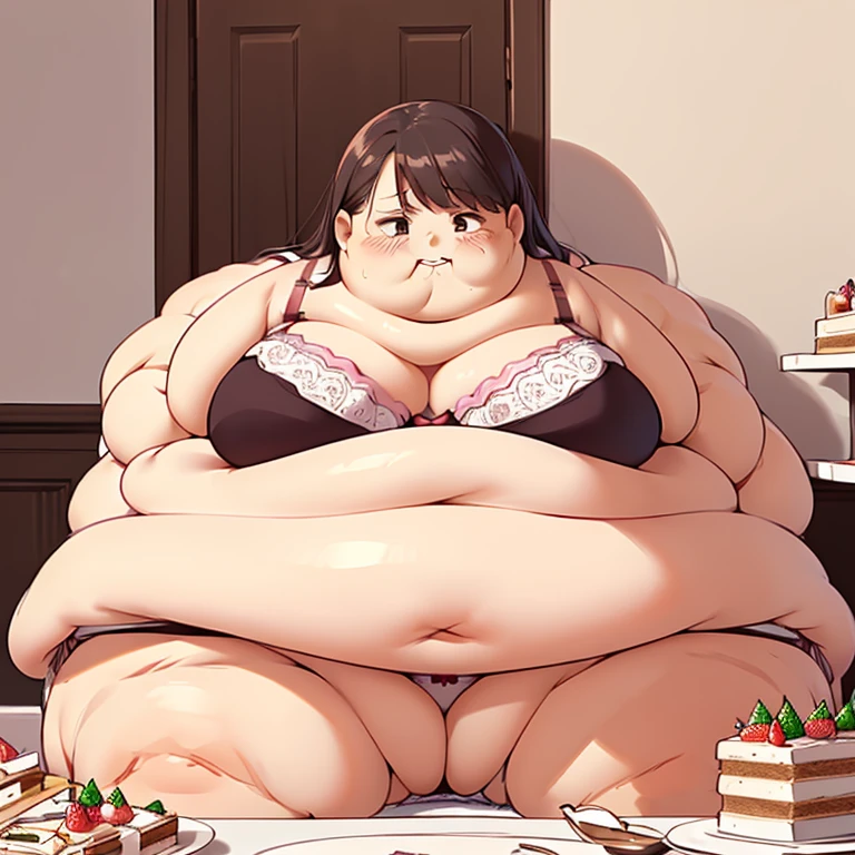 1girl, (bra & panties:1.8), obese, (fat face:1.9), (double chin:1.8), (child:1.7), (baby, child:1.0), (eating cake:1.4), (looking down:1.4), (nervous:1.5), blush:1.8, (surrounded by cake:1.8)