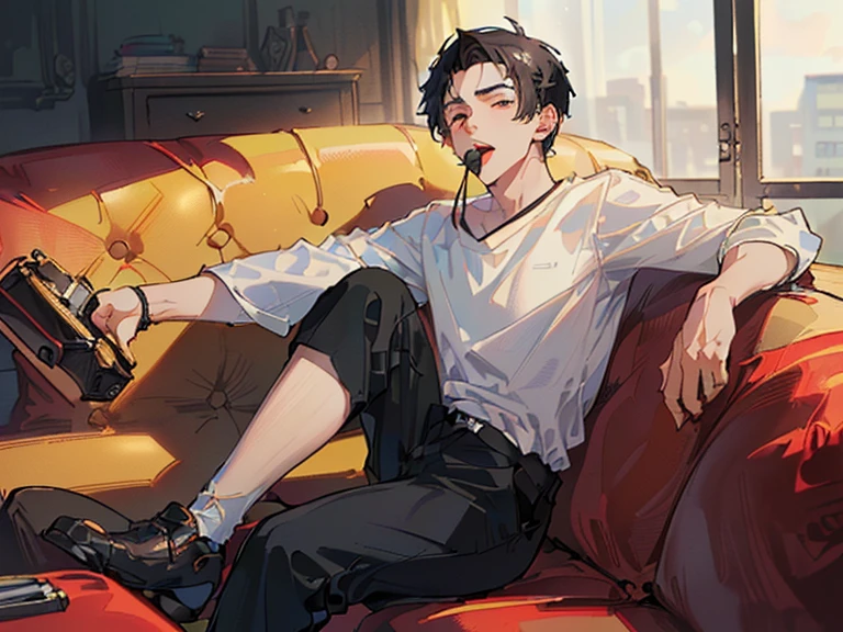(A boy wearing a white shirt and short black hair is sitting on the sofa and looking at the camera: 1.5) (18-year-old boy, Single: 1.9) (Speak with your mouth open: 1.8) (masutepiece, masutepiece: 1.5),Forehead,Best Quality, 1boy, Solo,