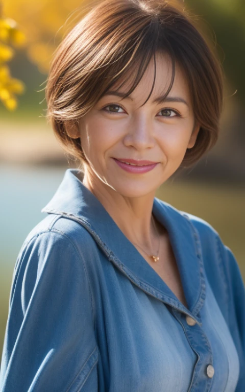 (top-quality、hight resolution、masterpiece:1.3)、55 years old、A MILF、(Wrinkles at the corners of the eyes:1.6), Seductive smile, (nasolabial folds:1.4), a matural female,Beautiful woman with slender figure、Short-cut hairstyles 、Women in Japan 、Pendants、Light jacket、White mini skirt、plein air、Scenic beauty、Autumn lake and mountains on distant background々、Beautiful details of face and skin texture、Eye of Detail、(top-quality、hight resolution、masterpiece)、Beautiful woman with a slim figure、 Pendants